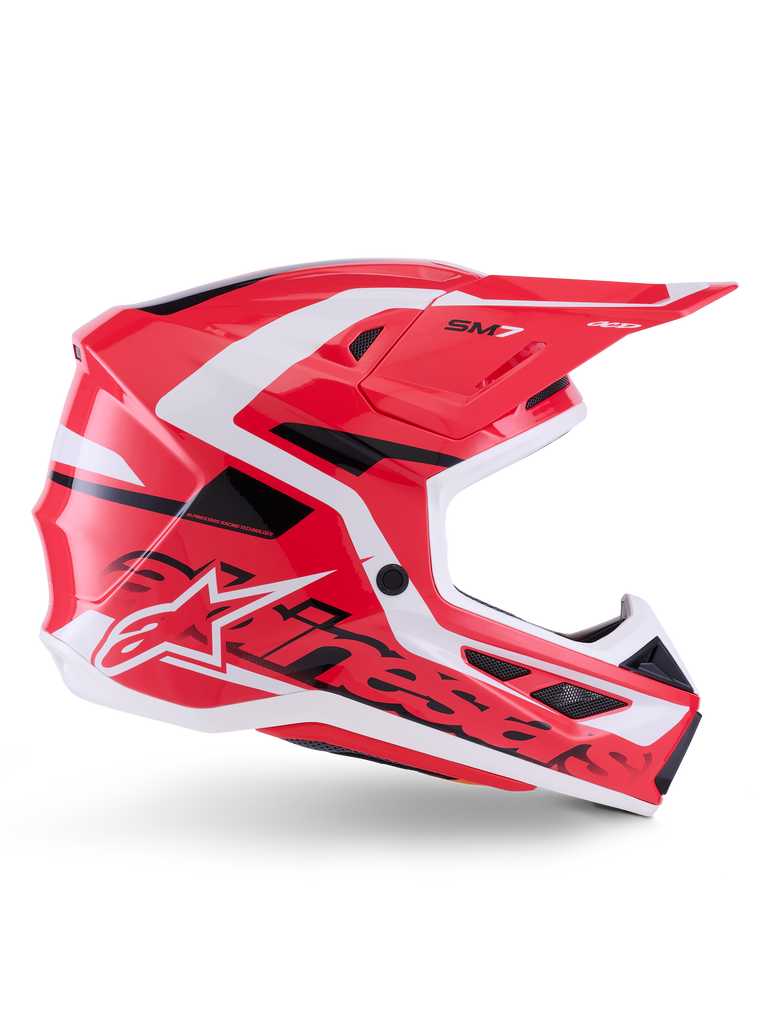 Alpinestars S-M7 Deed Helmet, Motocross Helmet, Red Black and White Glossy, side profile view, featuring bold Alpinestars branding and SM7 logo, aerodynamic composite shell with multiple ventilation ports, designed for off-road and motocross racing