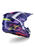 Alpinestars S-M7 Deed Helmet, Motocross Helmet, Purple Pink Glossy, side-rear view with white and lime green accents, bold pink Alpinestars wordmark and star logo, aerodynamic composite shell design for off-road performance