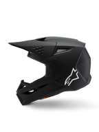 Alpinestars S-M3 Youth Solid Helmet ECE 22.06, Motocross Helmet, Black Matt, side profile view featuring white Alpinestars logo, aerodynamic shell with mesh ventilation ports and integrated visor, youth protective headgear for off-road racing