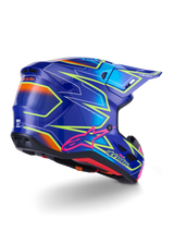 Alpinestars S-M7 Cast Helmet, Motocross Helmet, Blue Pink and Yellow Fluo Glossy, rear three-quarter view showing aerodynamic shell with bold angular graphics, pink Astar logo, and integrated ventilation ports for off-road racing