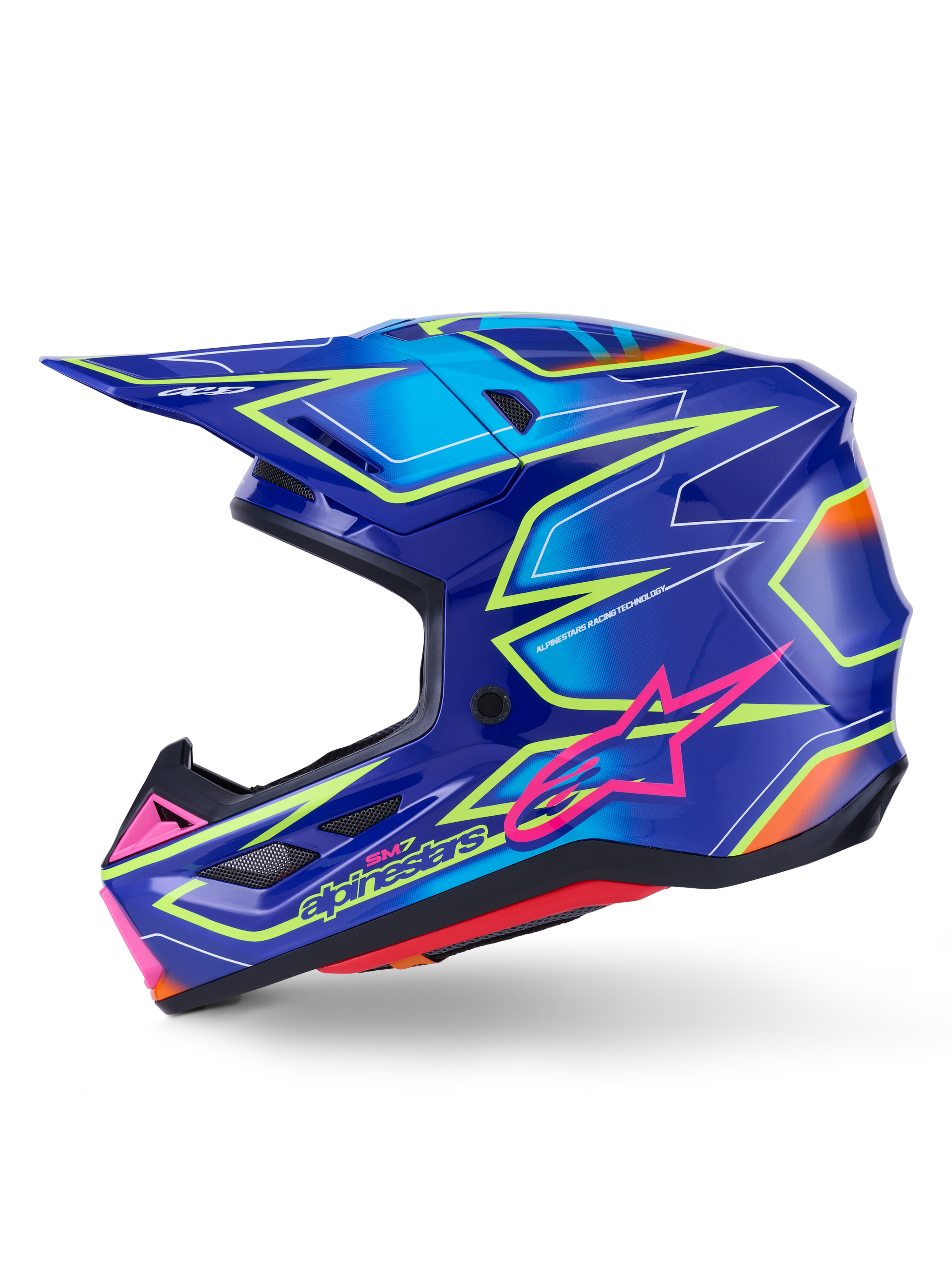 Alpinestars S-M7 Cast Helmet, Motocross Helmet, Blue with Pink and Yellow Fluo Glossy accents, side profile view showcasing the aerodynamic composite shell, integrated ventilation ports, pink star logo, and yellow branding, engineered for off-road racing protection.