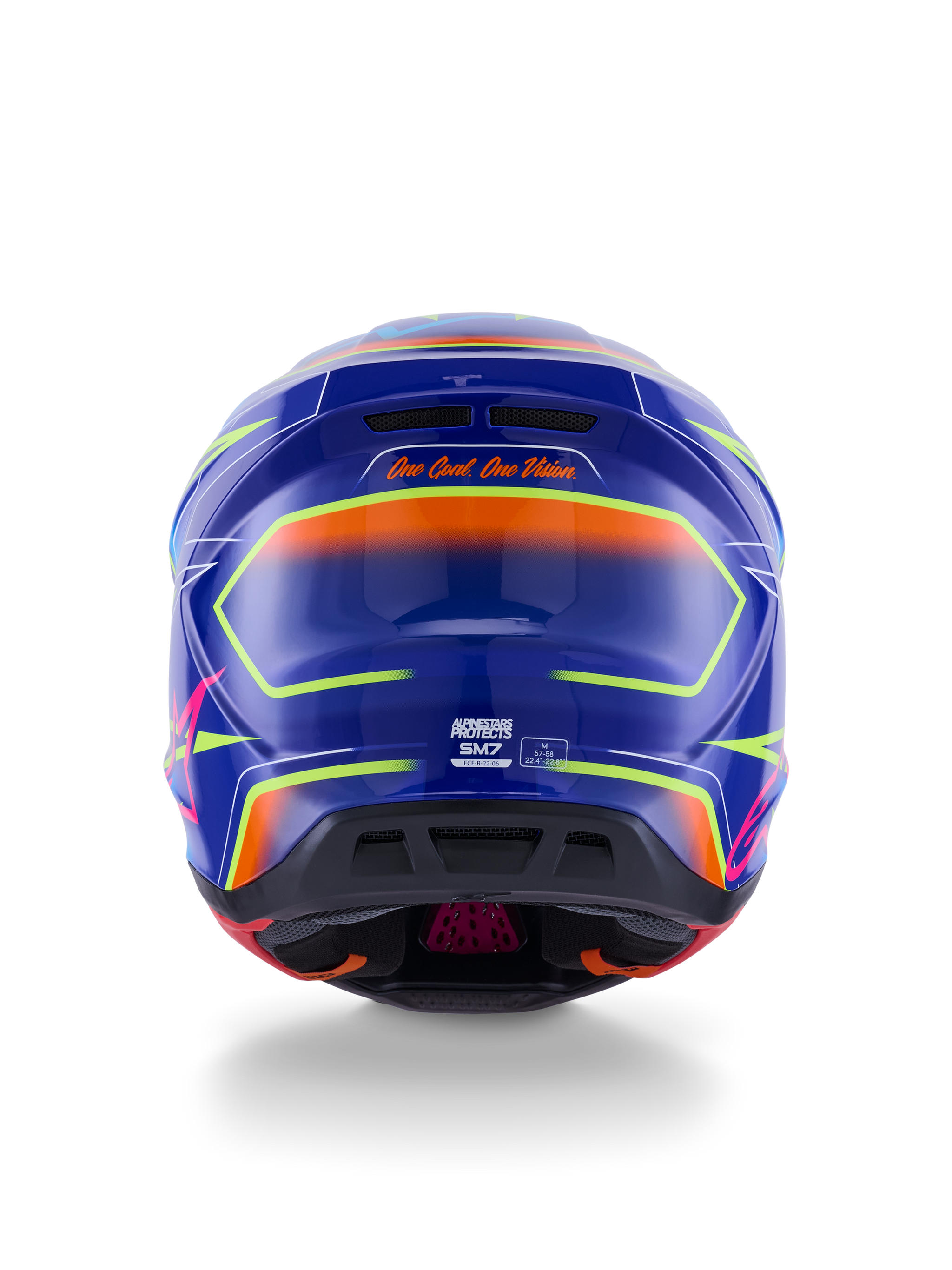 Alpinestars S-M7 Cast Helmet ECE 22.06, Motocross Helmet, Blue Pink and Yellow Fluo Glossy, rear view showing 'One Goal. One Vision.' slogan, aerodynamic composite shell with integrated ventilation ports and vibrant neon accents