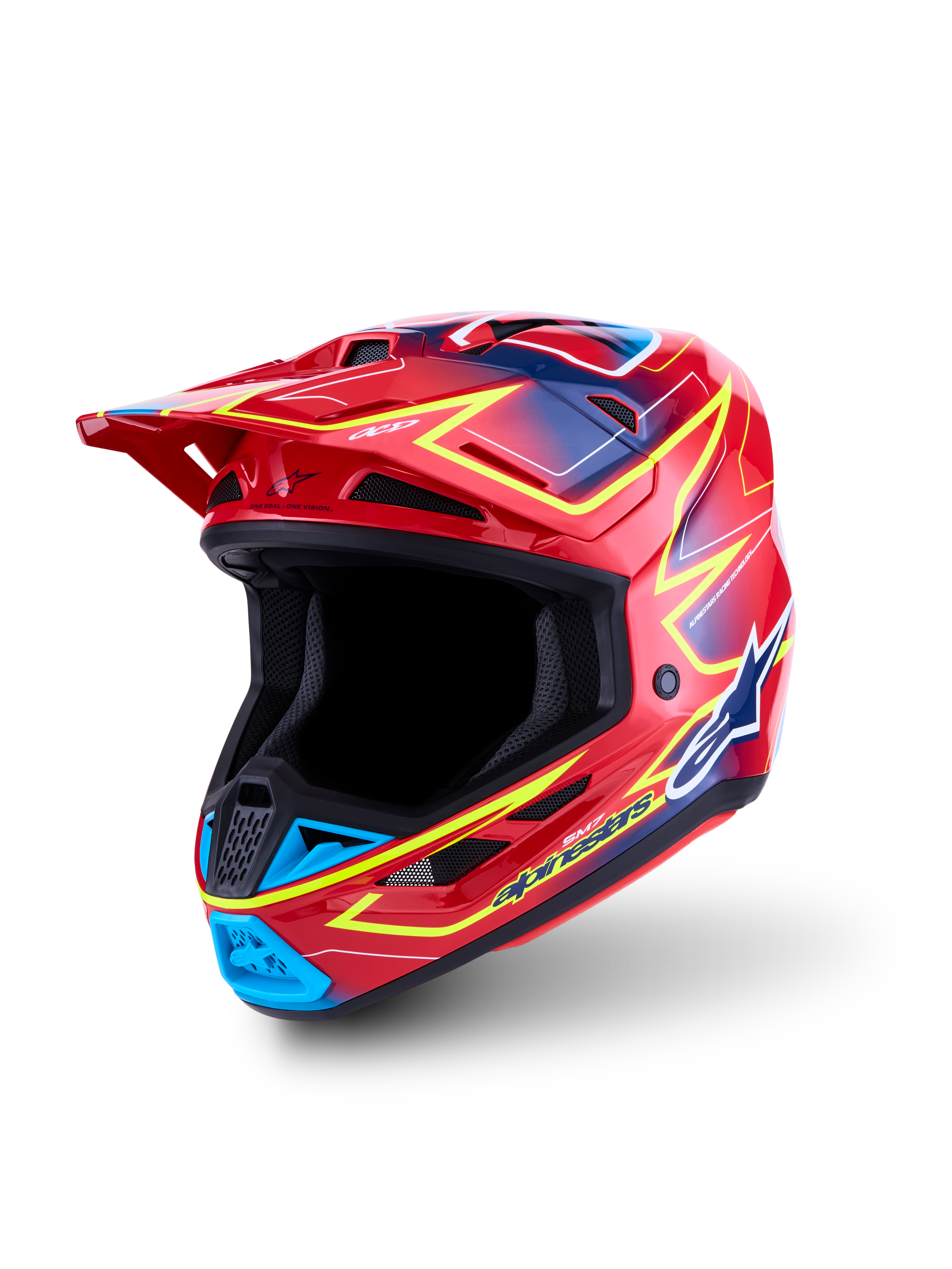 Alpinestars S-M7 Cast Helmet ECE06, Motocross Racing Helmet, Red with Fluo Yellow and Blue accents, ECE 22.06 certified lightweight composite shell for off-road performance.