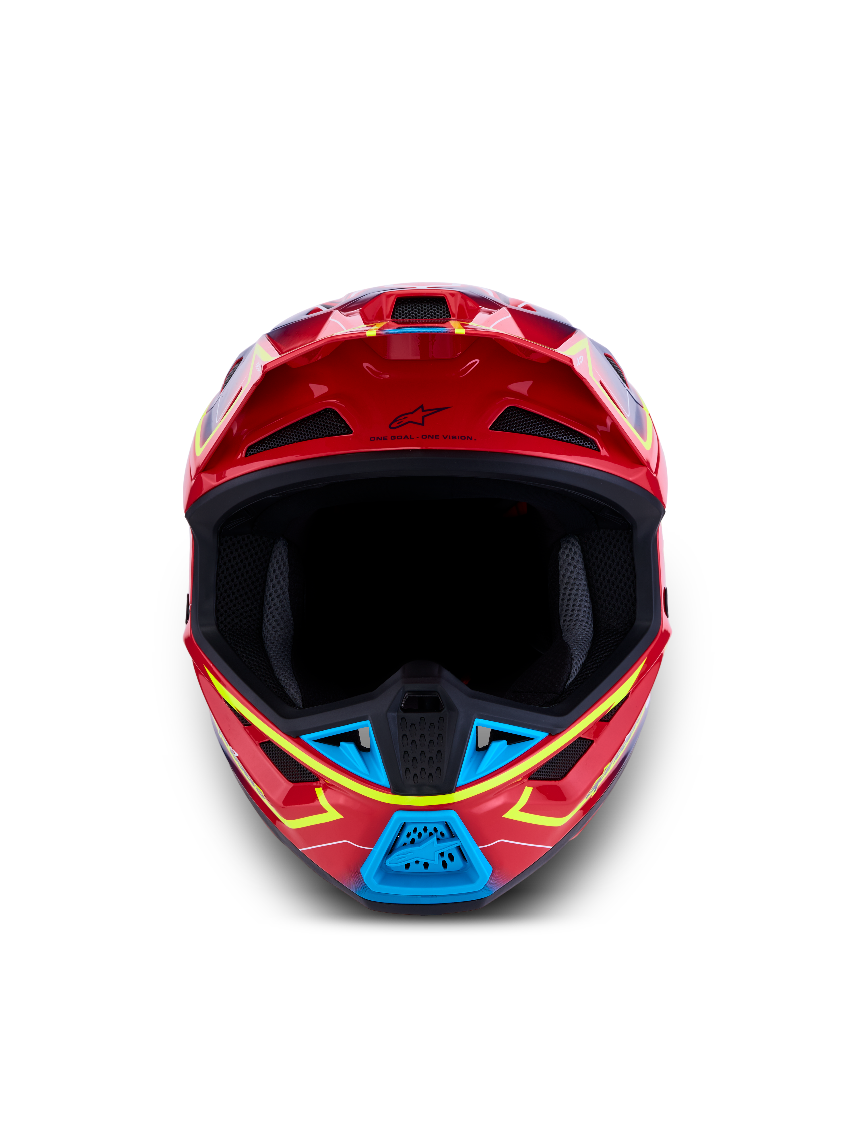 Alpinestars S-M7 Cast Helmet ECE 22.06, Motocross Racing Helmet, Red and Blue with Yellow Fluo, front view.