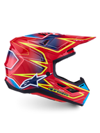 Alpinestars S-M7 Cast Helmet ECE 22.06, glossy red, yellow fluo, and blue motocross racing helmet with composite shell.
