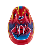 Alpinestars S-M7 Cast Helmet ECE06, Motocross Helmet, Red Yellow Fluo and Blue Glossy, ECE 22.06 certified composite, top view.