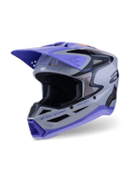 Alpinestars S-M3 Jettson Helmet ECE 22.06, Motocross Helmet, Gray Purple and Black Glossy, front three-quarter view featuring a purple peak visor, black branding accents, and multiple ventilation ports for off-road performance.