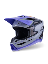 Alpinestars S-M3 Jettson Helmet ECE 22.06, Motocross Helmet, Gray Purple and Black Glossy, front three-quarter view featuring a purple peak visor, black branding accents, and multiple ventilation ports for off-road performance.