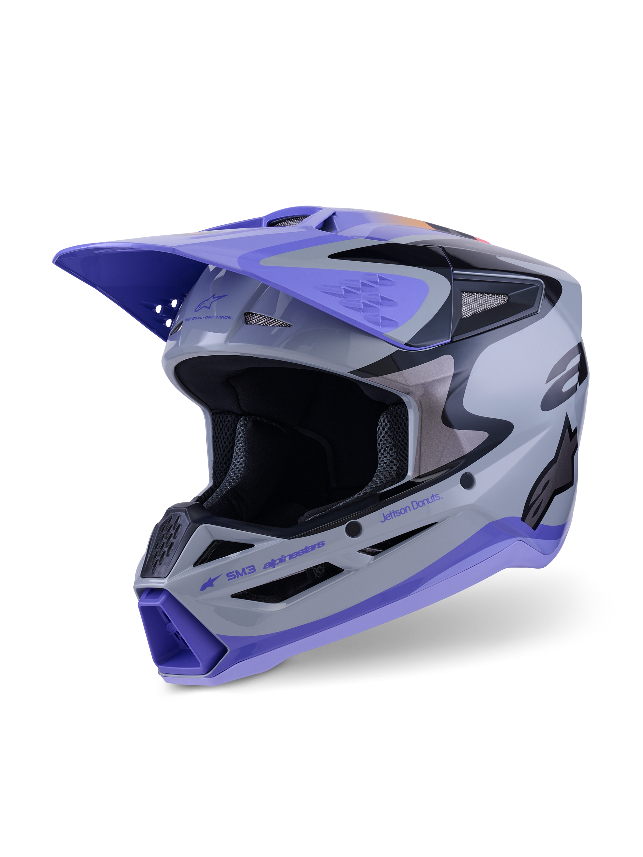Alpinestars S-M3 Jettson Helmet ECE 22.06, Motocross Helmet, Gray Purple and Black Glossy, front three-quarter view featuring a purple peak visor, black branding accents, and multiple ventilation ports for off-road performance.