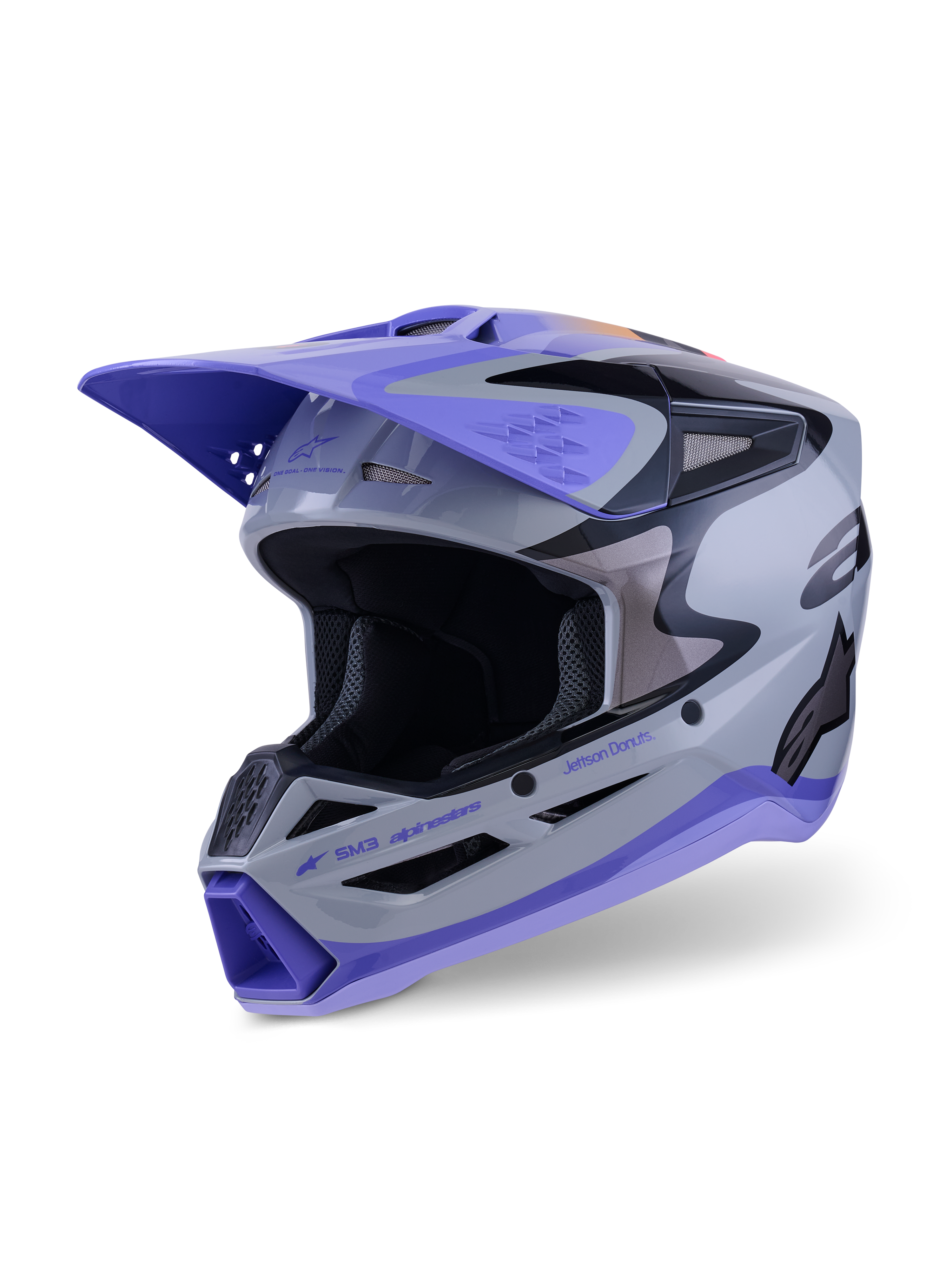 Alpinestars S-M3 Jettson Helmet ECE 22.06, Motocross Helmet, Gray Purple and Black Glossy, front three-quarter view featuring a purple peak visor, black branding accents, and multiple ventilation ports for off-road performance.