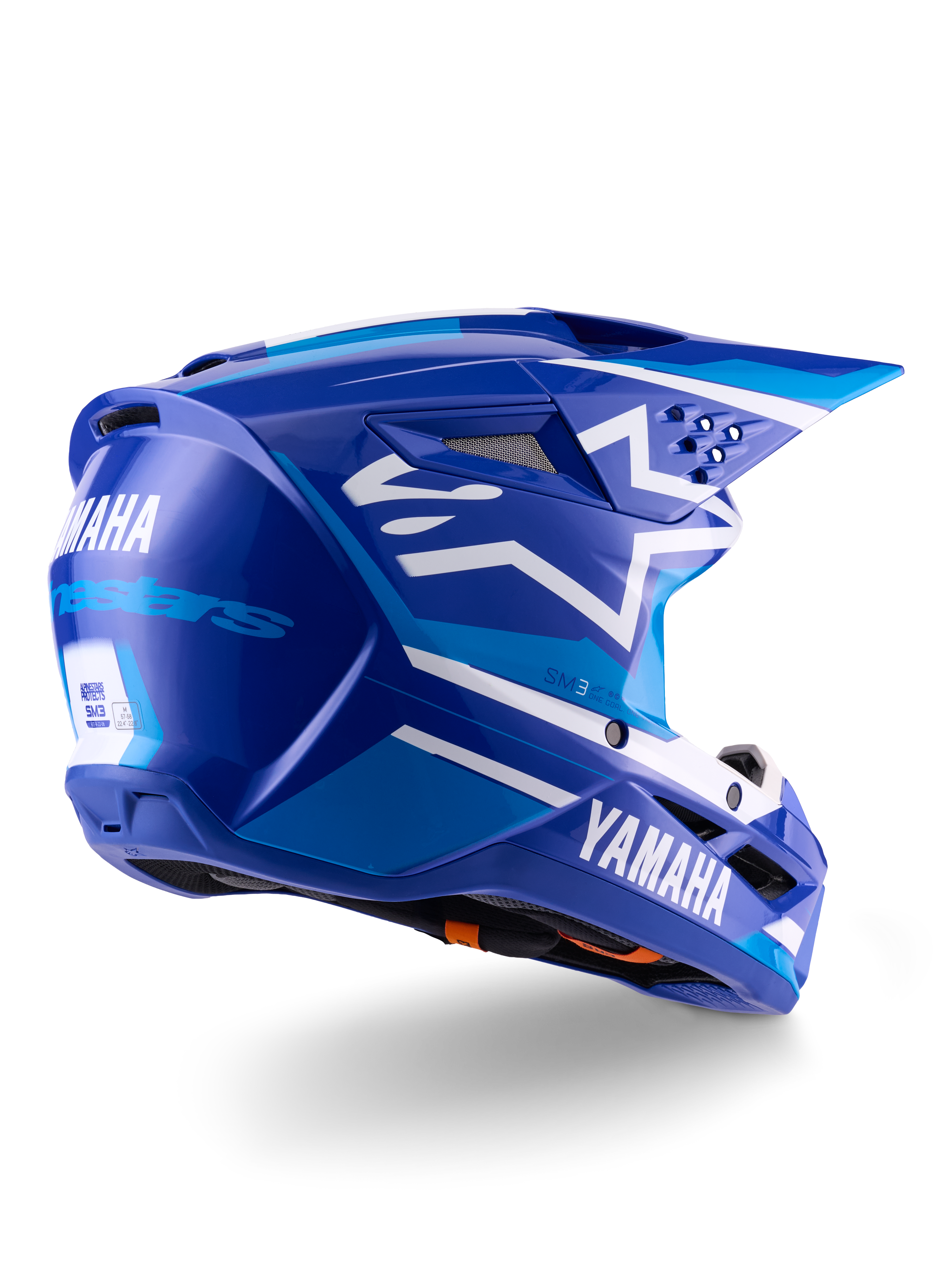 Alpinestars Yamaha S-M3 Helmet ECE 22.06, Motocross Helmet, Blue White Glossy, featuring Yamaha and Alpinestars branding, white star logo on the side, multiple intake and exhaust vents, aerodynamic design for off-road performance