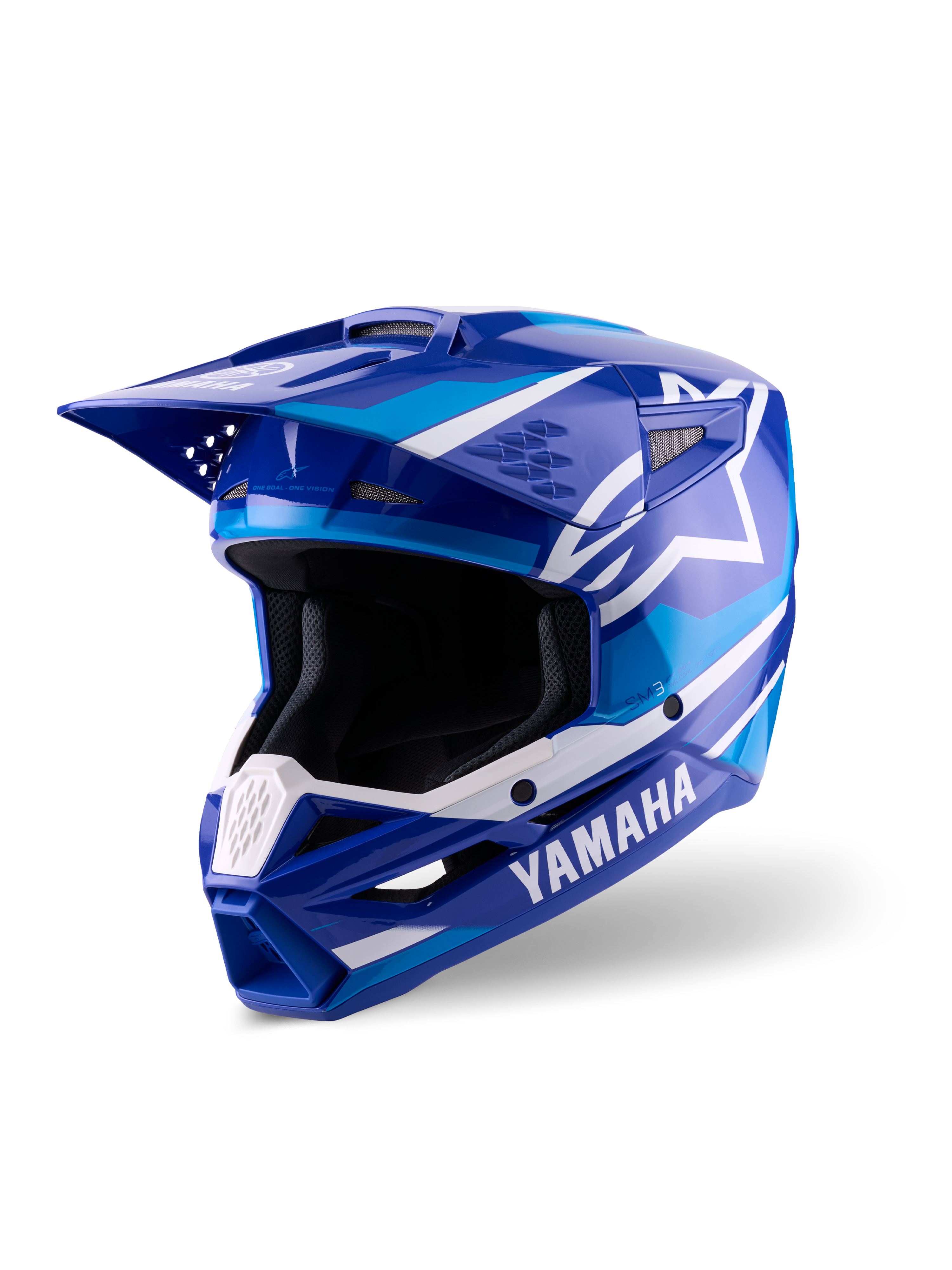 Alpinestars Yamaha S-M3 Helmet, Motocross Helmet, Blue and White Glossy, featuring bold Yamaha branding and Alpinestars star logo, angular design with a peak visor and ventilated chin guard, professional off-road racing gear