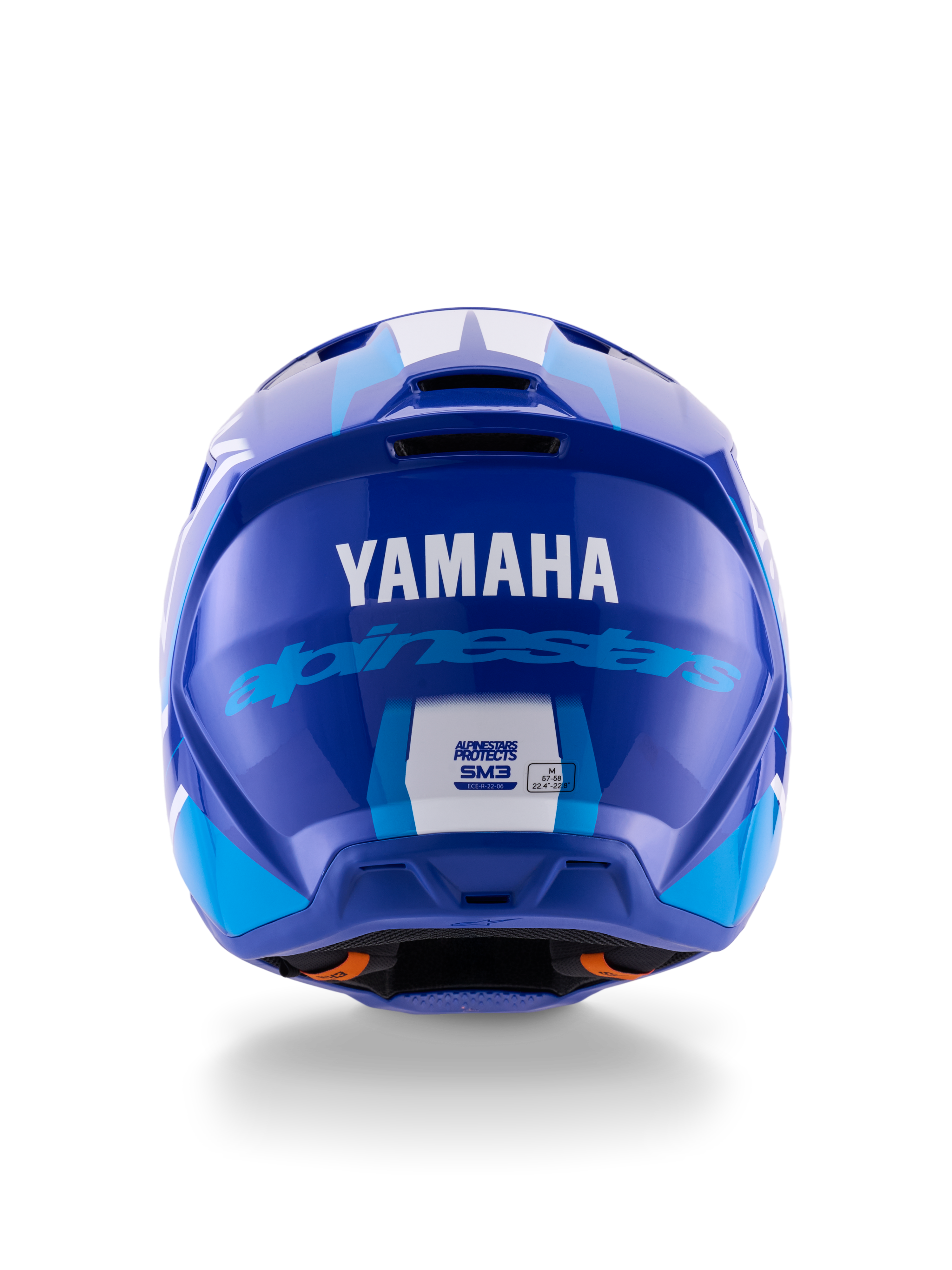 Alpinestars Yamaha S-M3 Helmet, Motocross Helmet, Blue White Glossy, rear view showing white YAMAHA logo and blue Alpinestars script, sleek glossy finish with visible ventilation ports and safety certification labels.