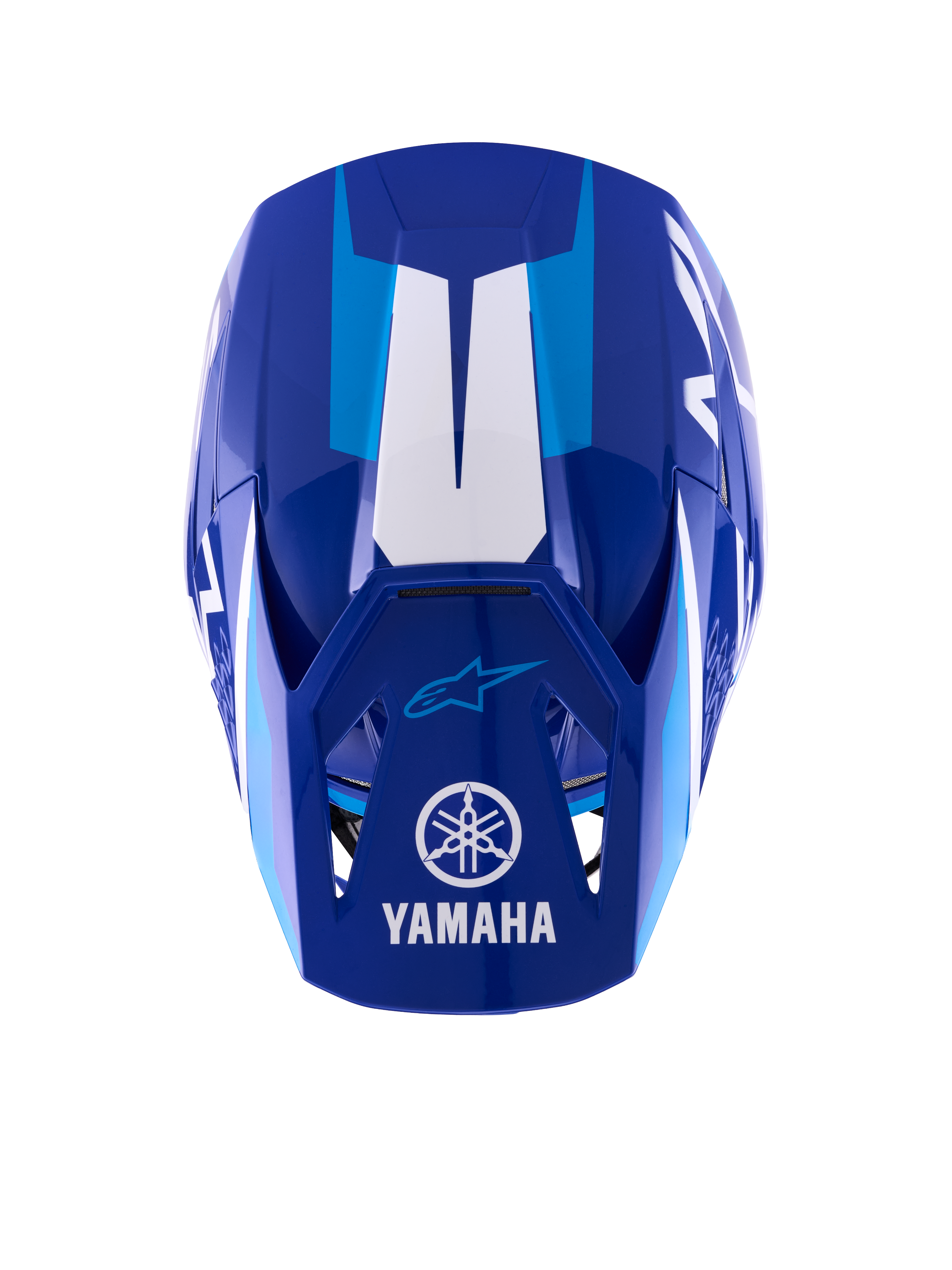 Alpinestars Yamaha S-M3 Helmet, Motocross Helmet, Blue and White Glossy, top-down view showing the visor with white Yamaha logo and wordmark, light blue graphic accents, and aggressive aerodynamic shell design.