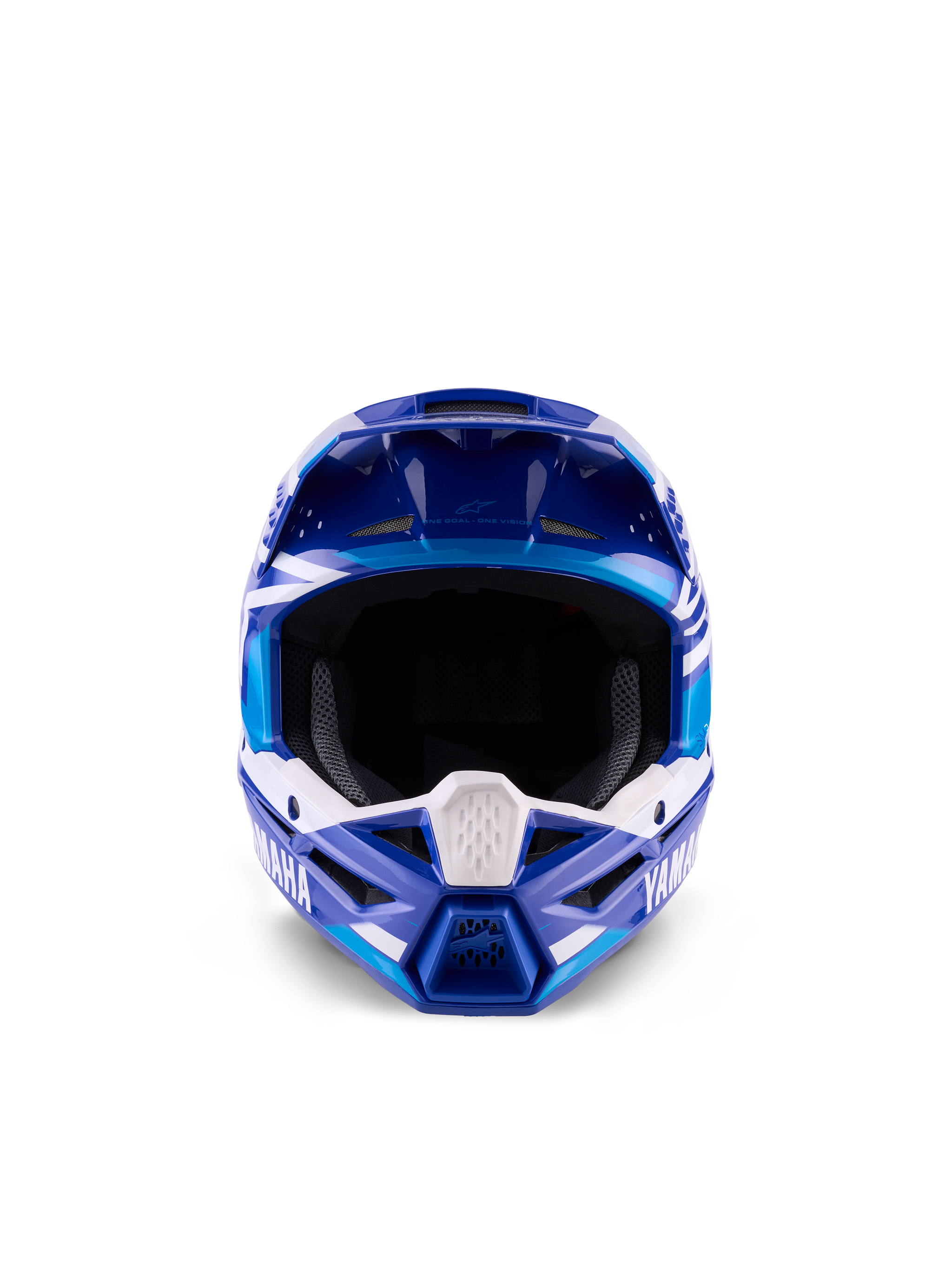 Alpinestars Yamaha S-M3 Youth Motocross Helmet, Blue and White Glossy, front-facing view highlighting the wide eye port and aggressive chin bar design, features Yamaha branding and geometric graphics, professional off-road head protection for young riders