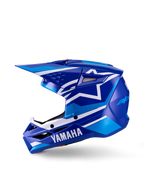 Yamaha S-M3 Youth Motocross Helmet, Motocross Helmet, Blue White Glossy, side profile view, featuring bold Yamaha branding on the chin guard and Alpinestars star logo, sleek aerodynamic shell with multiple ventilation ports and integrated visor.