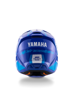 Yamaha S-M3 Youth Motocross Helmet, Rear view, Blue and White Glossy, featuring prominent Yamaha and Alpinestars branding, aerodynamic shell design with ECE 22.06 safety certification label, professional head protection for off-road racing