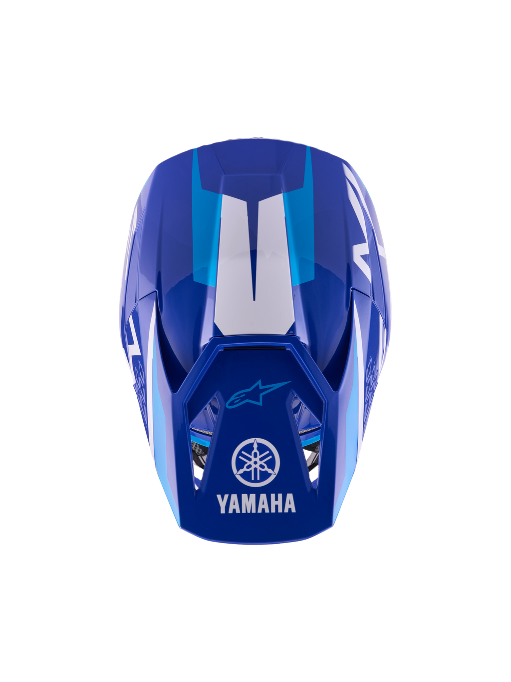 Alpinestars Yamaha S-M3 Youth Motocross Helmet, Blue White Glossy, top-down view showing the outer shell and visor, featuring Yamaha and Alpinestars logos, aerodynamic design with glossy finish and white graphic accents.
