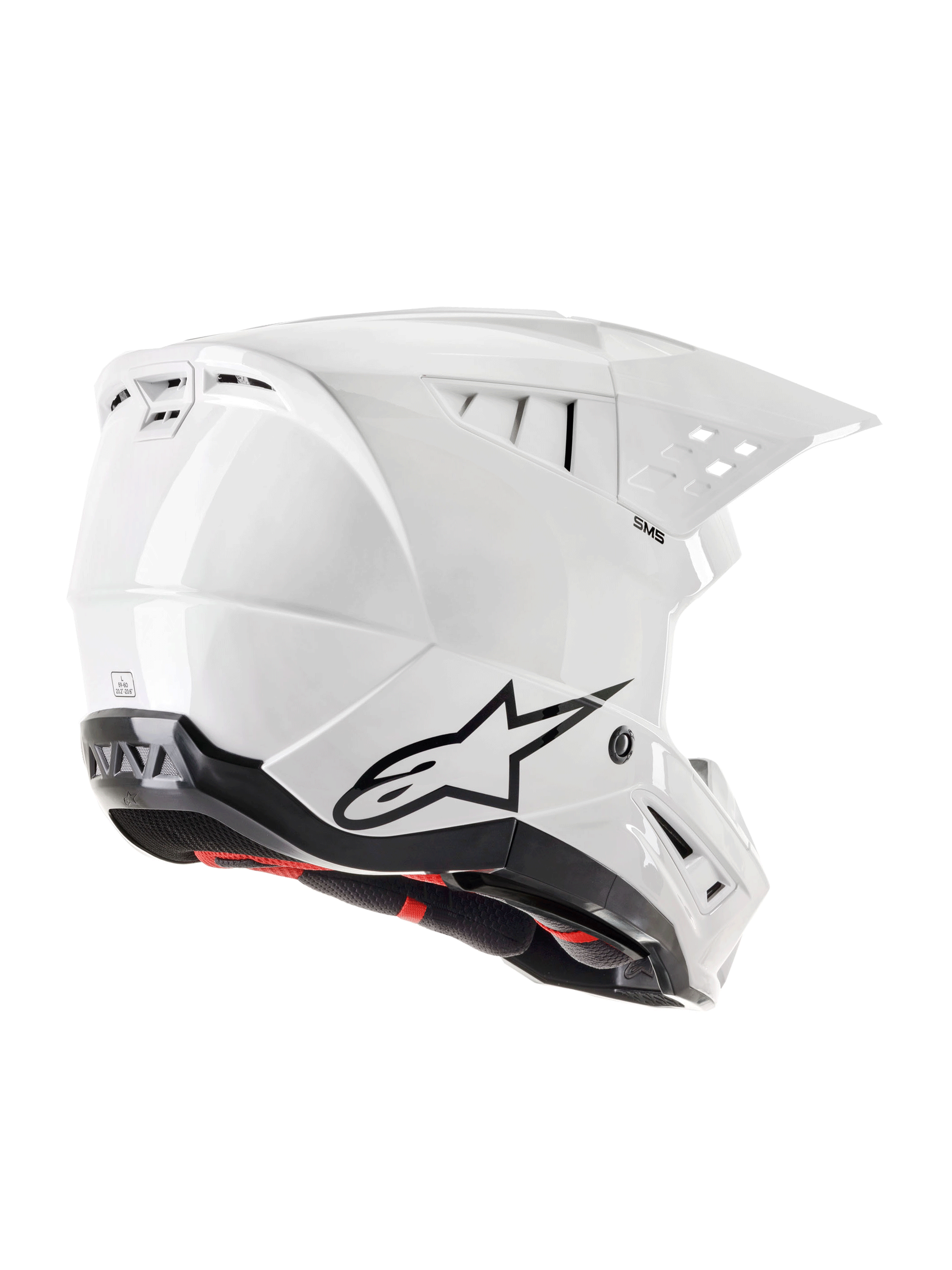 Alpinestars S-M5 Solid Helmet ECE 22.06, Motocross Helmet, White Glossy, rear three-quarter view featuring black Astars logo, integrated exhaust vents, and sleek aerodynamic shell design