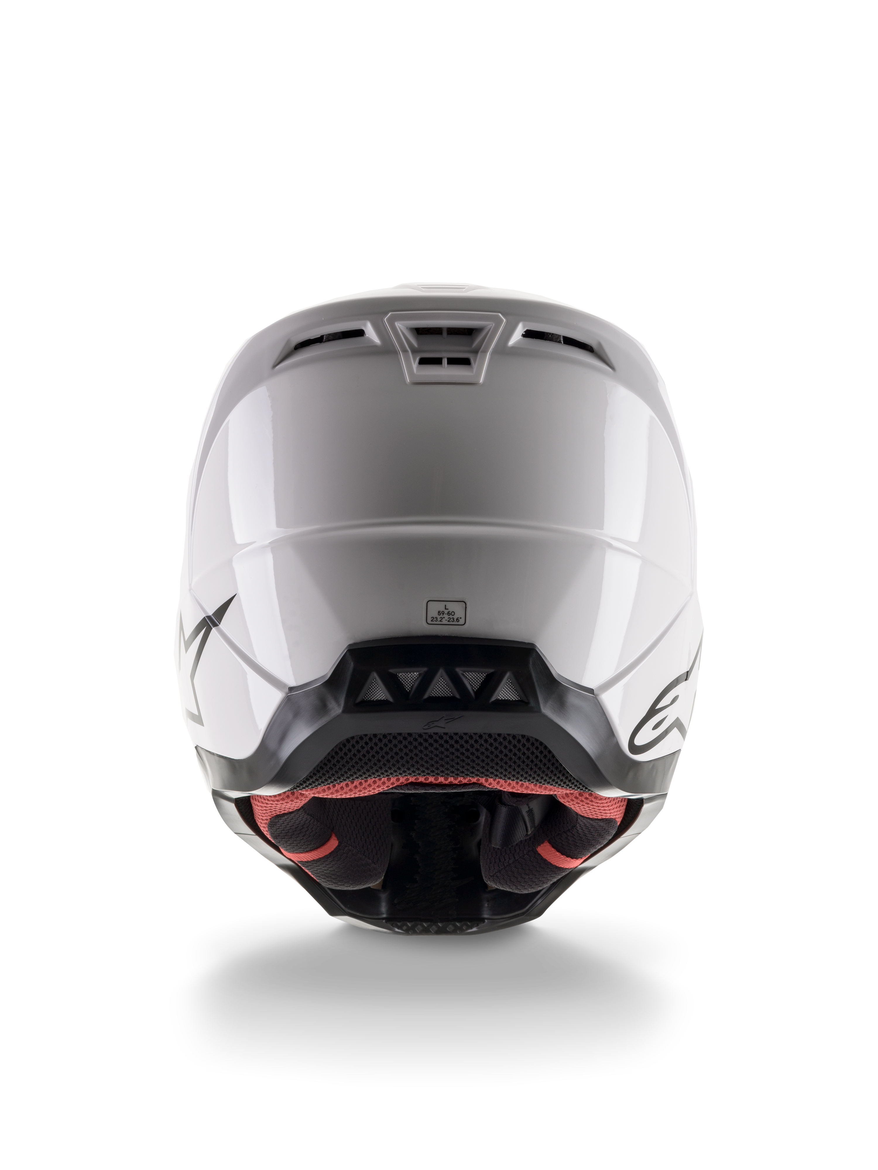 Alpinestars S-M5 Solid Helmet ECE 22.06, Motocross Helmet, White Glossy, rear view featuring aerodynamic exhaust vents and black lower trim with logos, sleek protective gear for off-road racing