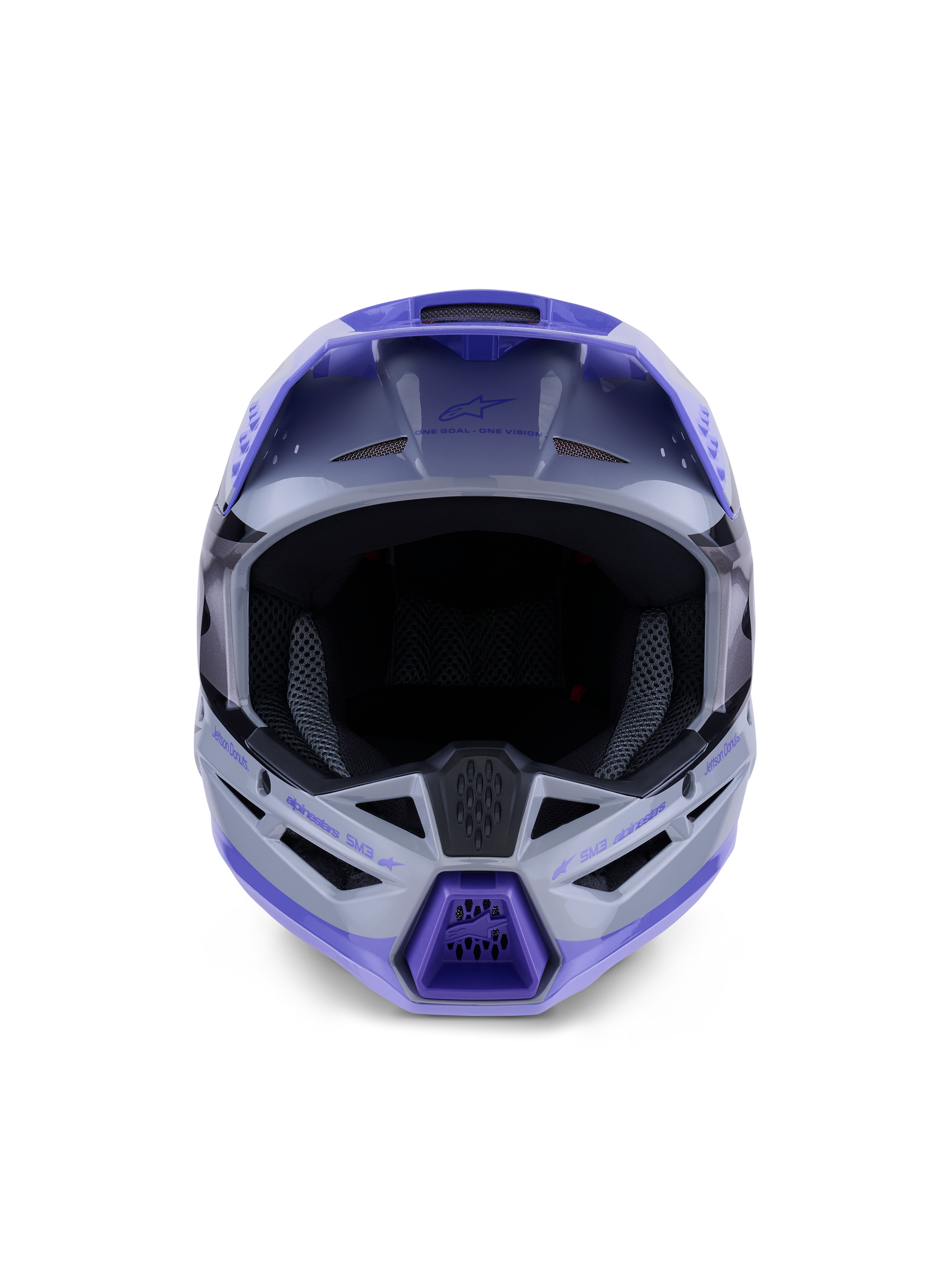 Alpinestars S-M3 Jettson Helmet, Motocross Helmet, Gray Purple and Black Glossy, front view featuring a wide eye port and ventilated chin guard with purple accents, sleek thermo-injected shell design for off-road performance