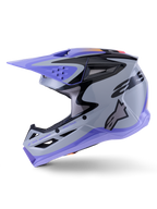 Alpinestars S-M3 Jettson Youth Helmet, Motocross Helmet, Gray Purple and Black Glossy, featuring purple visor and lower trim, black graphic patterns with side logo, professional head protection for youth off-road racing