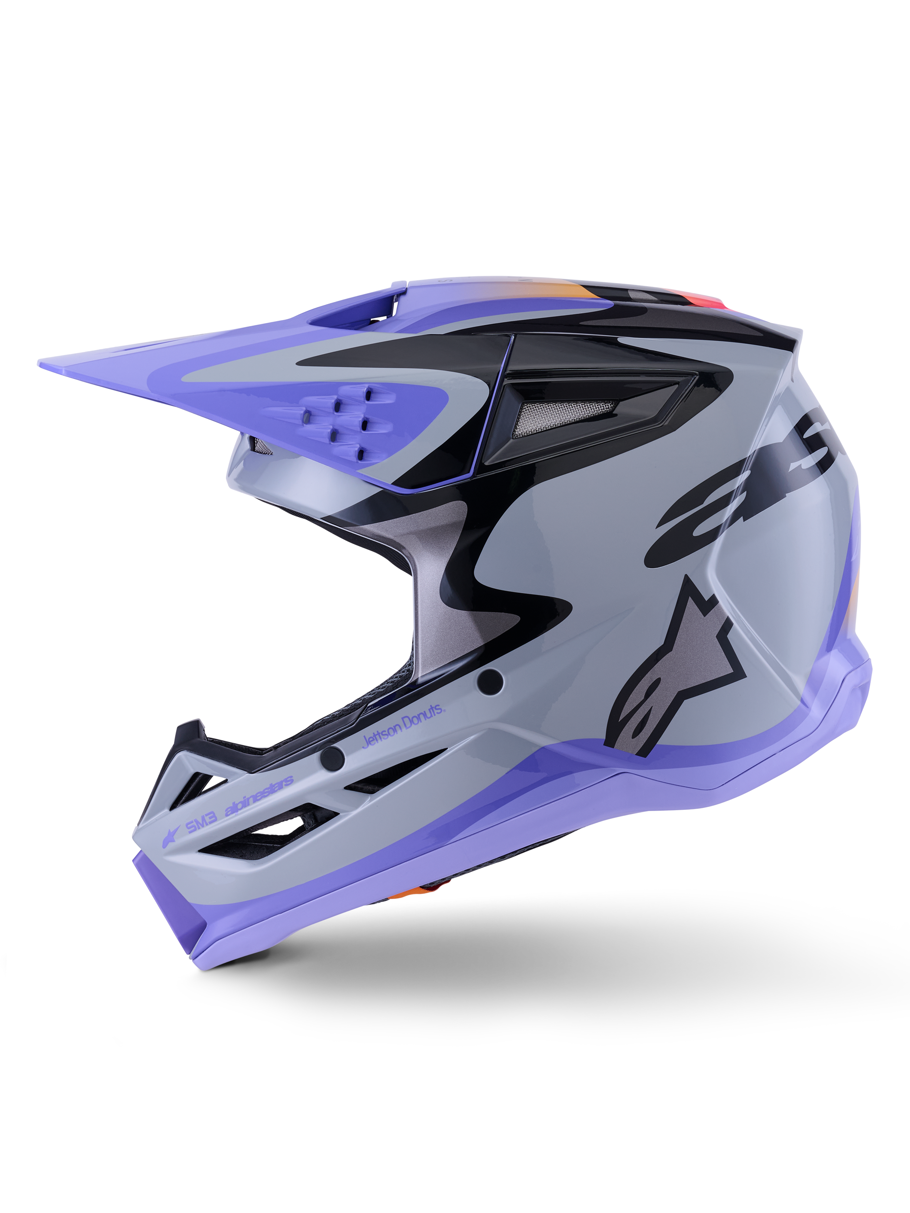 Alpinestars S-M3 Jettson Youth Helmet, Motocross Helmet, Gray Purple and Black Glossy, featuring purple visor and lower trim, black graphic patterns with side logo, professional head protection for youth off-road racing