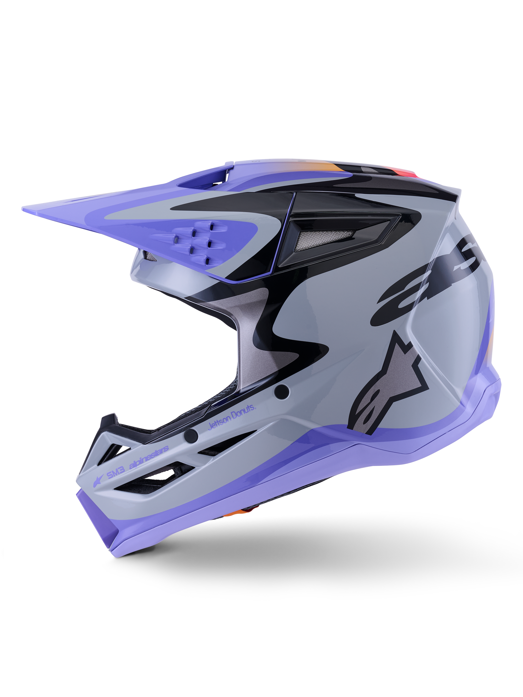 Alpinestars S-M3 Jettson Helmet, Motocross Helmet, Gray Purple and Black Glossy, side profile view with sleek graphics and adjustable visor, featuring multiple ventilation ports and Alpinestars branding, high-performance off-road protection