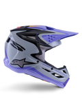 Alpinestars S-M3 Jettson Helmet ECE 22.06, Motocross Helmet, Gray Purple and Black Glossy, side profile view featuring a purple visor and chin guard, sleek aerodynamic shell with black graphics, multiple ventilation ports, and "Jettson Donuts" branding on the side.