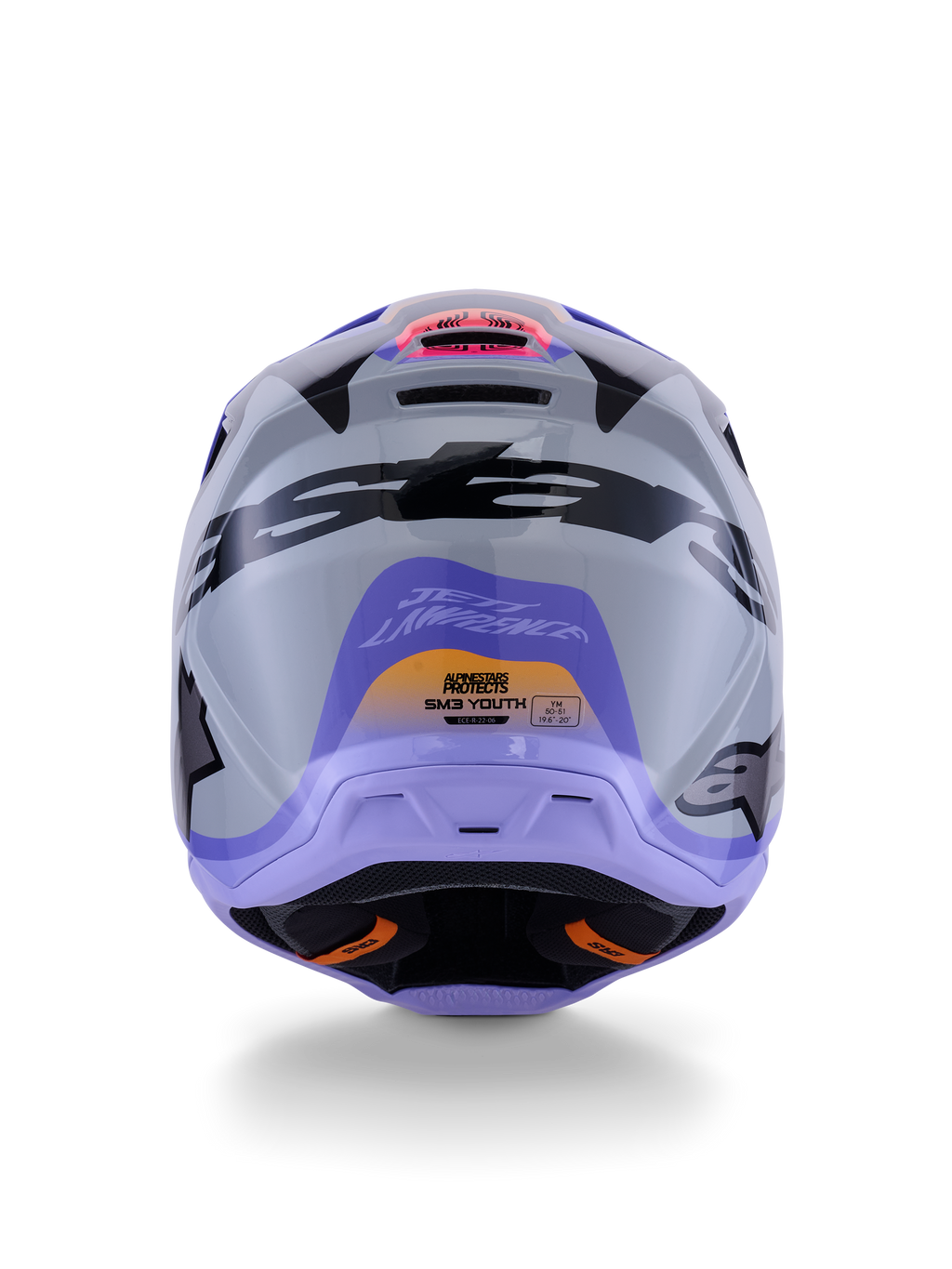 Alpinestars S-M3 Jettson Youth Helmet ECE 22.06, Motocross Helmet, Rear view in Gray Purple and Black Glossy, featuring Jett Lawrence signature graphic, bold black branding, and ventilation ports, glossy finish for off-road racing