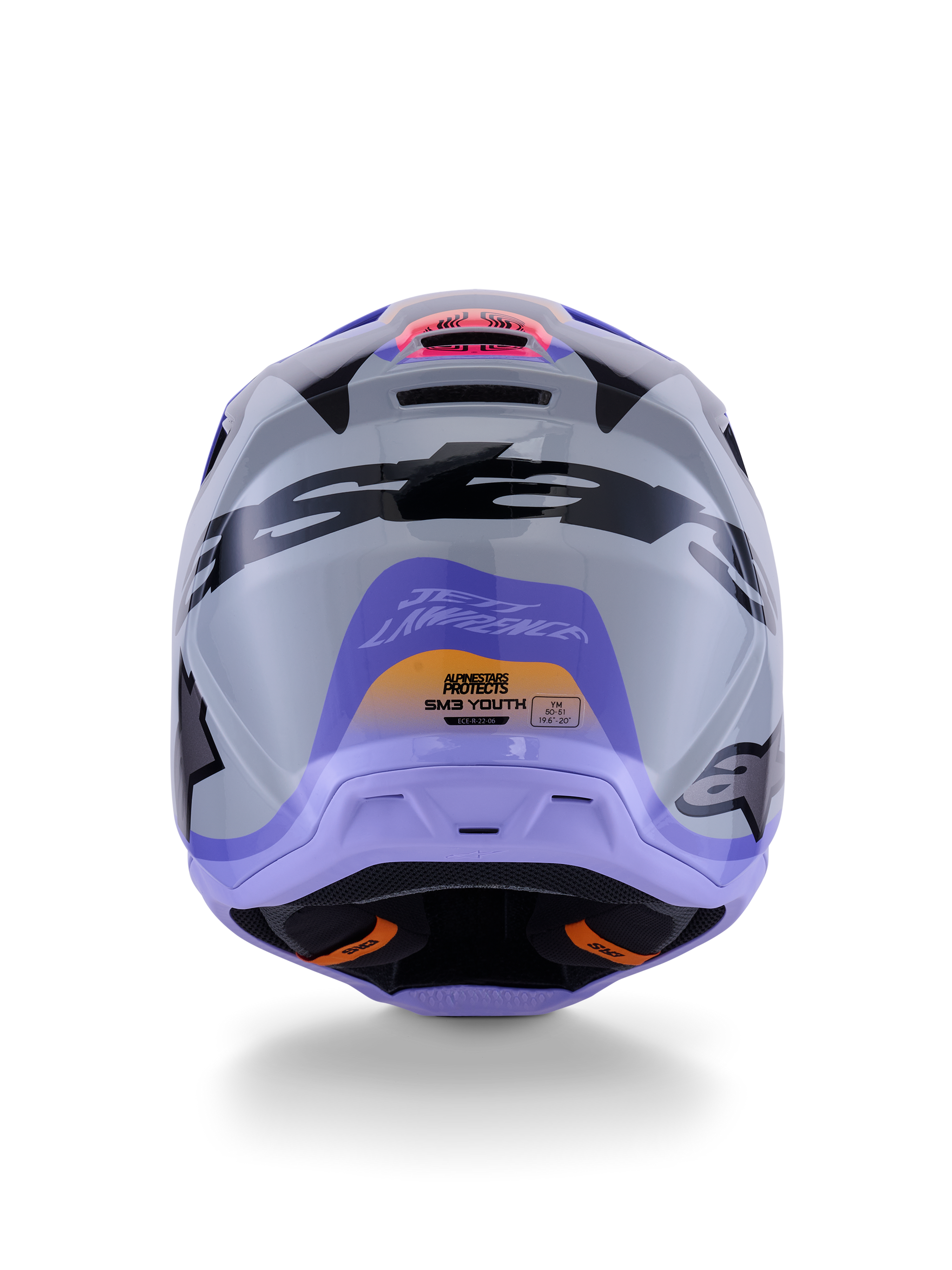Alpinestars S-M3 Jettson Youth Helmet, Rear View, Gray with Purple and Black Glossy Graphics, featuring Jett Lawrence signature design and Alpinestars logos, off-road motocross helmet