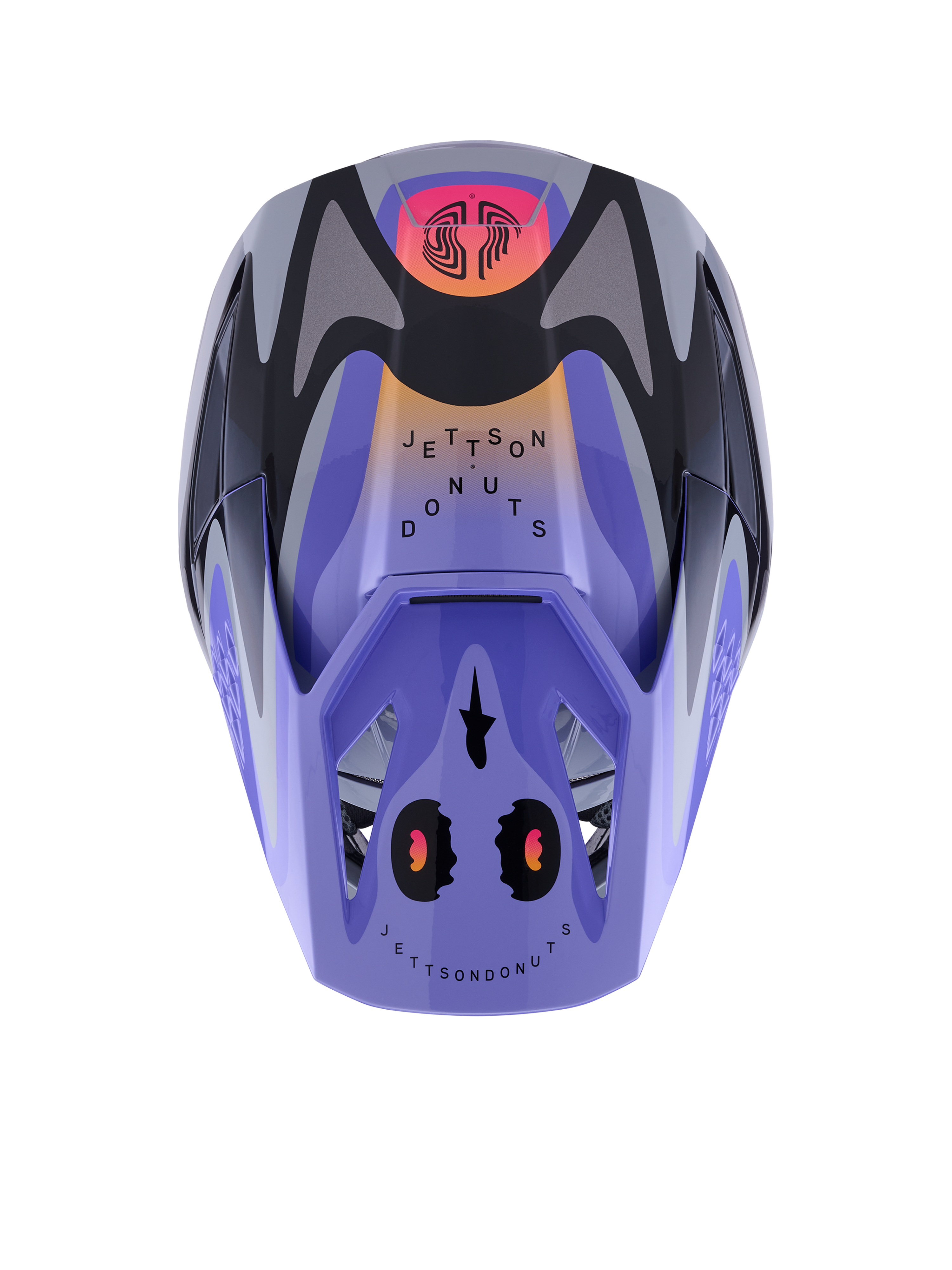 Alpinestars S-M3 Jettson Helmet, Motocross Helmet, Gray Purple Black Glossy with orange and pink gradients, top-down view featuring 'Jettson Donuts' graphics and Alpinestars logo on the visor, glossy finish.