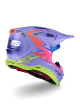 Alpinestars Supertech M10 Jett Lawrence R01 Helmet, Motocross Helmet, Purple with Pink and Fluorescent Yellow accents, bold graphic design with Alpinestars branding, aerodynamic shell featuring ventilation ports and a protective visor.