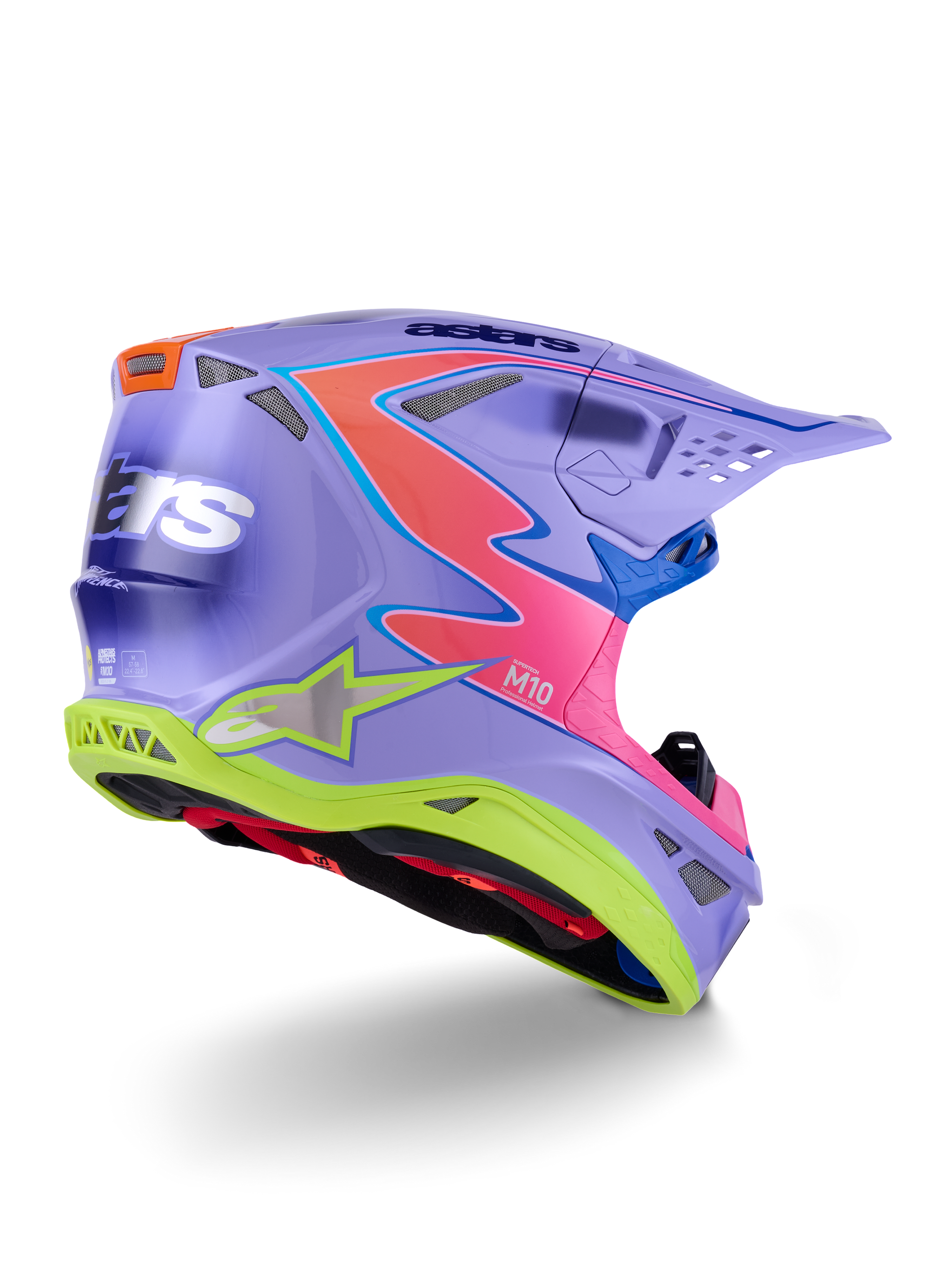 Alpinestars Supertech M10 Jett Lawrence R01 Helmet, Motocross Helmet, Purple with Pink and Fluorescent Yellow accents, bold graphic design with Alpinestars branding, aerodynamic shell featuring ventilation ports and a protective visor.