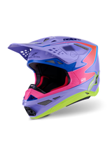 Alpinestars Supertech M10 Jett Lawrence R01 Helmet, Motocross Helmet, Purple Pink and Fluorescent Yellow Gloss, aerodynamic design with multi-composite carbon shell, multiple ventilation ports, and vibrant racing graphics for off-road performance