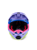 Alpinestars Supertech M10 Jett Lawrence R01 Helmet, Motocross Helmet, Purple Pink and Fluo Yellow Gloss, front-facing view showing interior padding and chin bar, 'ONE GOAL. ONE VISION.' printed under the visor, colorful racing graphics with blue accents