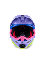 Alpinestars Supertech M10 Jett Lawrence R01 Helmet, Motocross Helmet, Purple Pink and Fluo Yellow Gloss, front-facing view showing interior padding and chin bar, 'ONE GOAL. ONE VISION.' printed under the visor, colorful racing graphics with blue accents