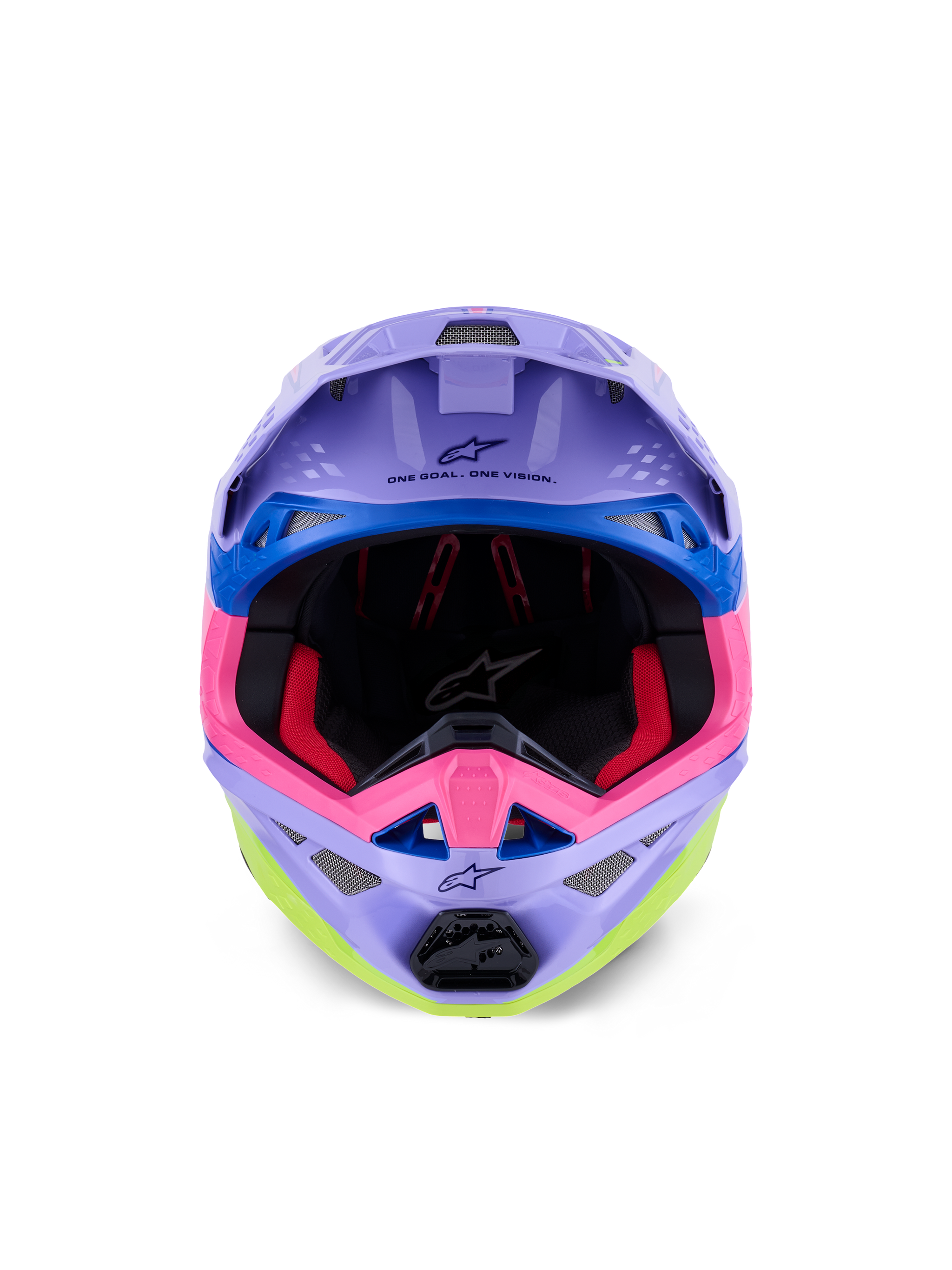 Alpinestars Supertech M10 Jett Lawrence R01 Helmet, Motocross Helmet, Purple Pink and Fluo Yellow Gloss, front-facing view showing interior padding and chin bar, 'ONE GOAL. ONE VISION.' printed under the visor, colorful racing graphics with blue accents