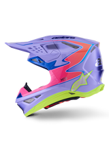 Alpinestars Supertech M10 Jett Lawrence R01 Helmet, Motocross Helmet, Purple with Pink and Fluo Yellow accents, side profile view featuring an aerodynamic carbon shell, silver star logo, multiple ventilation ports, and bold graphic design for professional motocross racing.