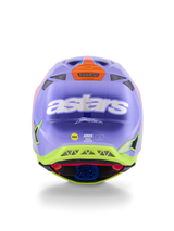 Alpinestars Supertech M10 Jett Lawrence R01 Helmet, Motocross Helmet, Purple Pink and Fluorescent Yellow, rear view featuring bold white astars logo, Jett Lawrence signature, and multiple ventilation ports, sleek aerodynamic design for off-road racing