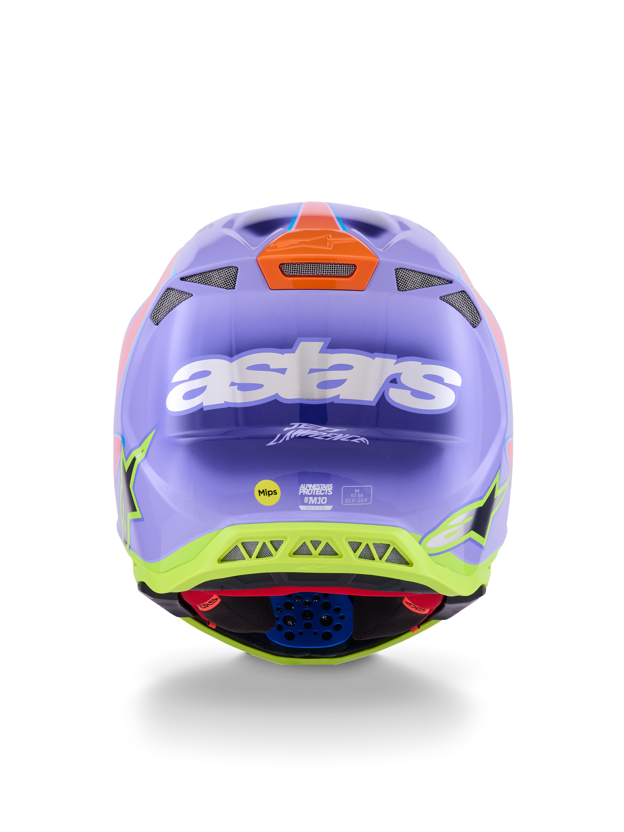 Alpinestars Supertech M10 Jett Lawrence R01 Helmet, Motocross Helmet, Purple Pink and Fluorescent Yellow, rear view featuring bold white astars logo, Jett Lawrence signature, and multiple ventilation ports, sleek aerodynamic design for off-road racing