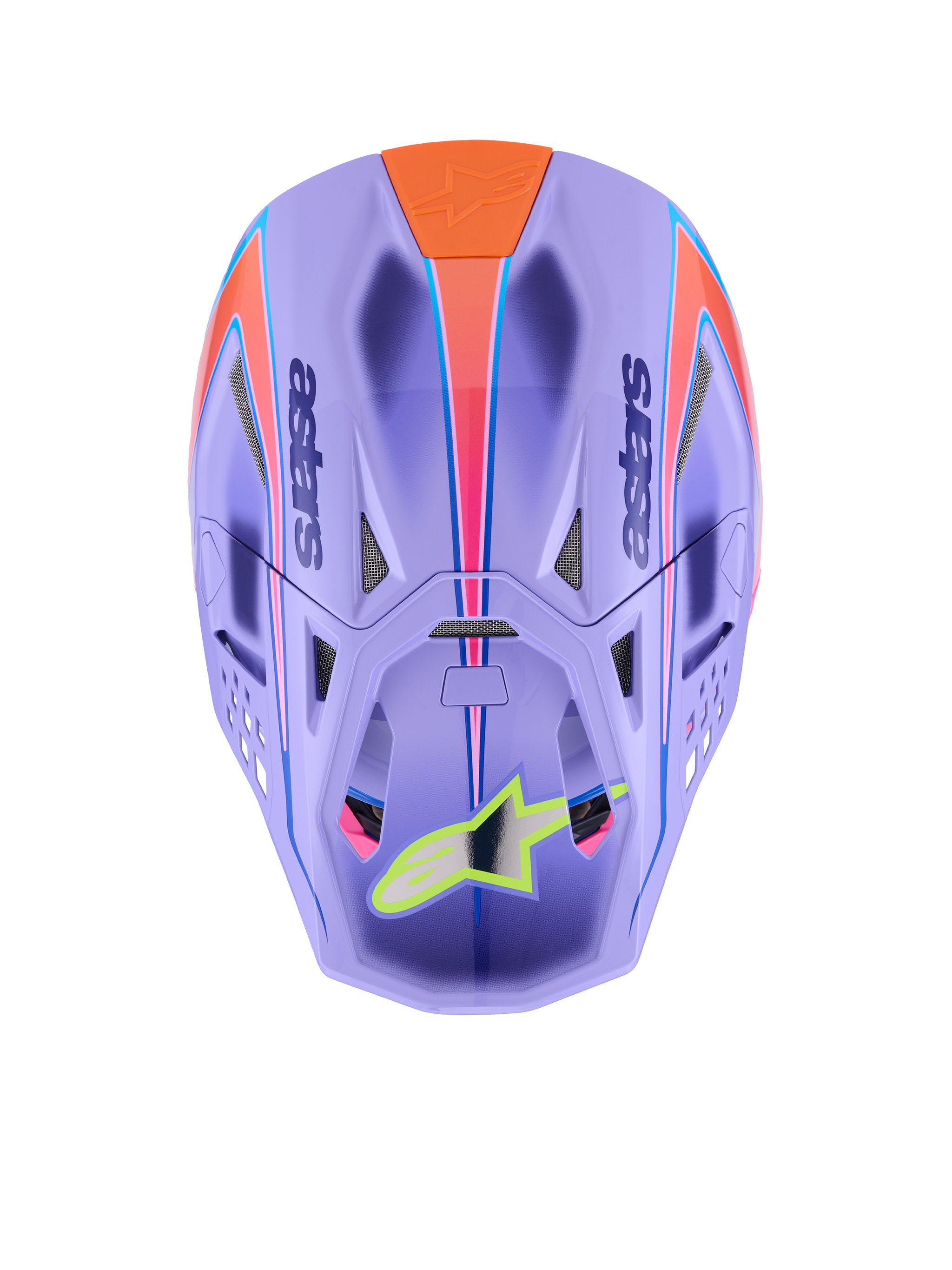 Alpinestars Supertech M10 Jett Lawrence R01 Helmet, Motocross Helmet, Purple with Pink and Orange graphics, top-down view showing ventilation ports and aerodynamic shell, neon yellow star logo on the visor, advanced carbon fiber construction for off-road racing