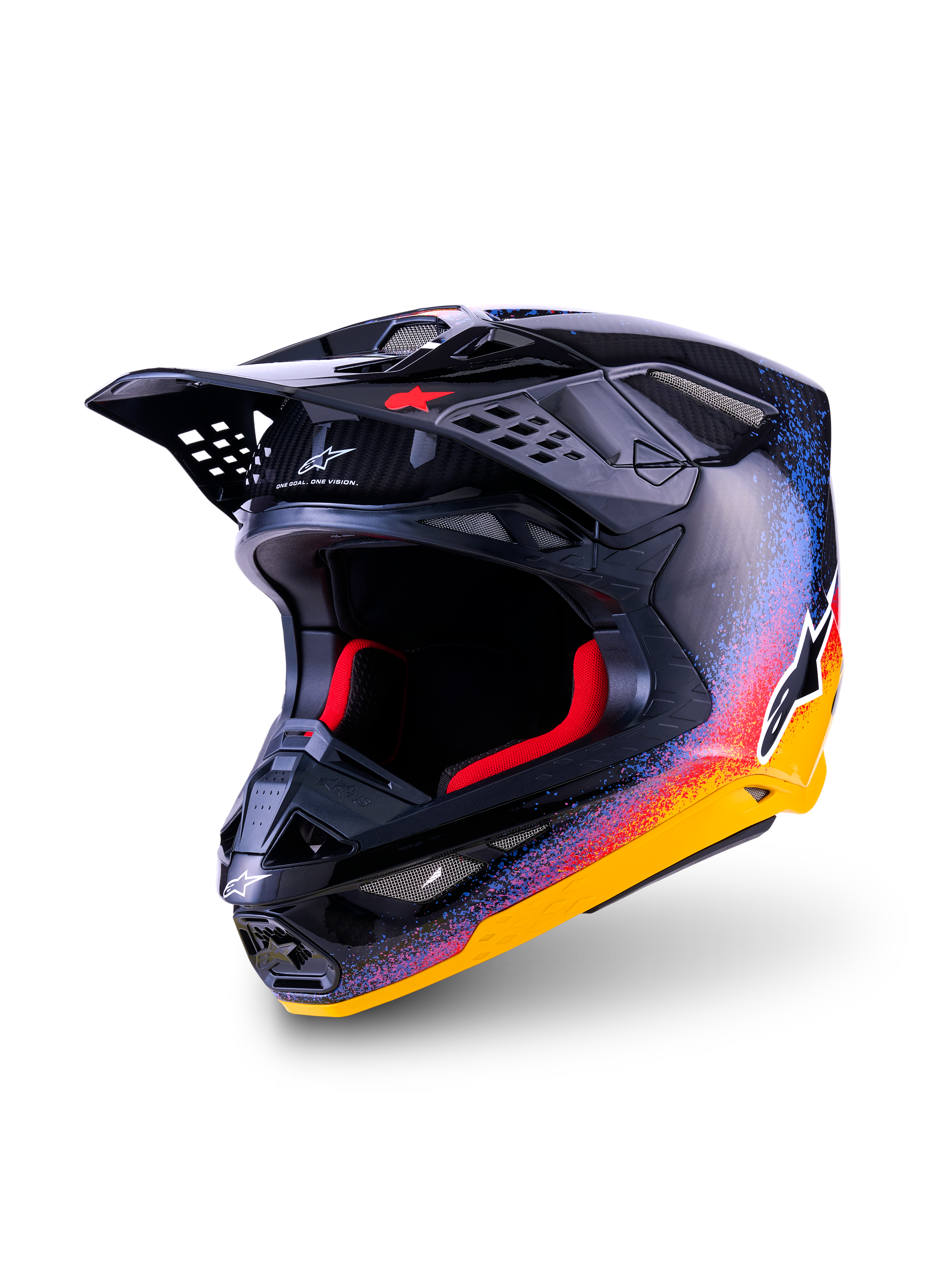 Alpinestars Limited Edition Supertech M10 Black Hole Helmet, Motocross Helmet, Black Burst Glossy with vibrant yellow, orange, and blue splatter pattern, visible carbon fiber on visor, red interior padding, bold Alpinestars branding, professional off-road safety equipment