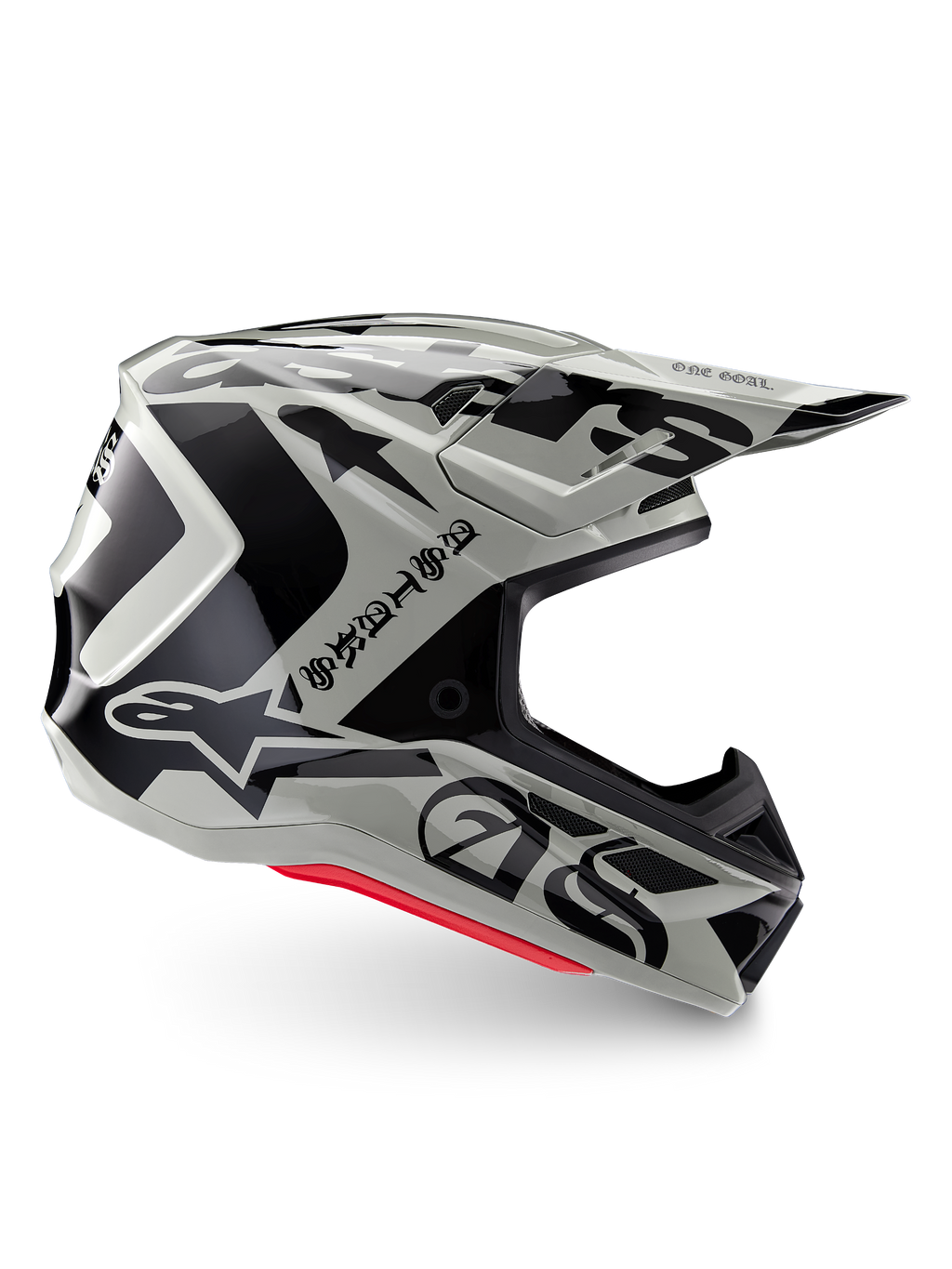 Alpinestars Limited Edition S-M7 Wolf Dust Helmet, Dune Black Glossy motocross helmet, side profile featuring bold black graphics and branding, red base accents, aerodynamic off-road head protection