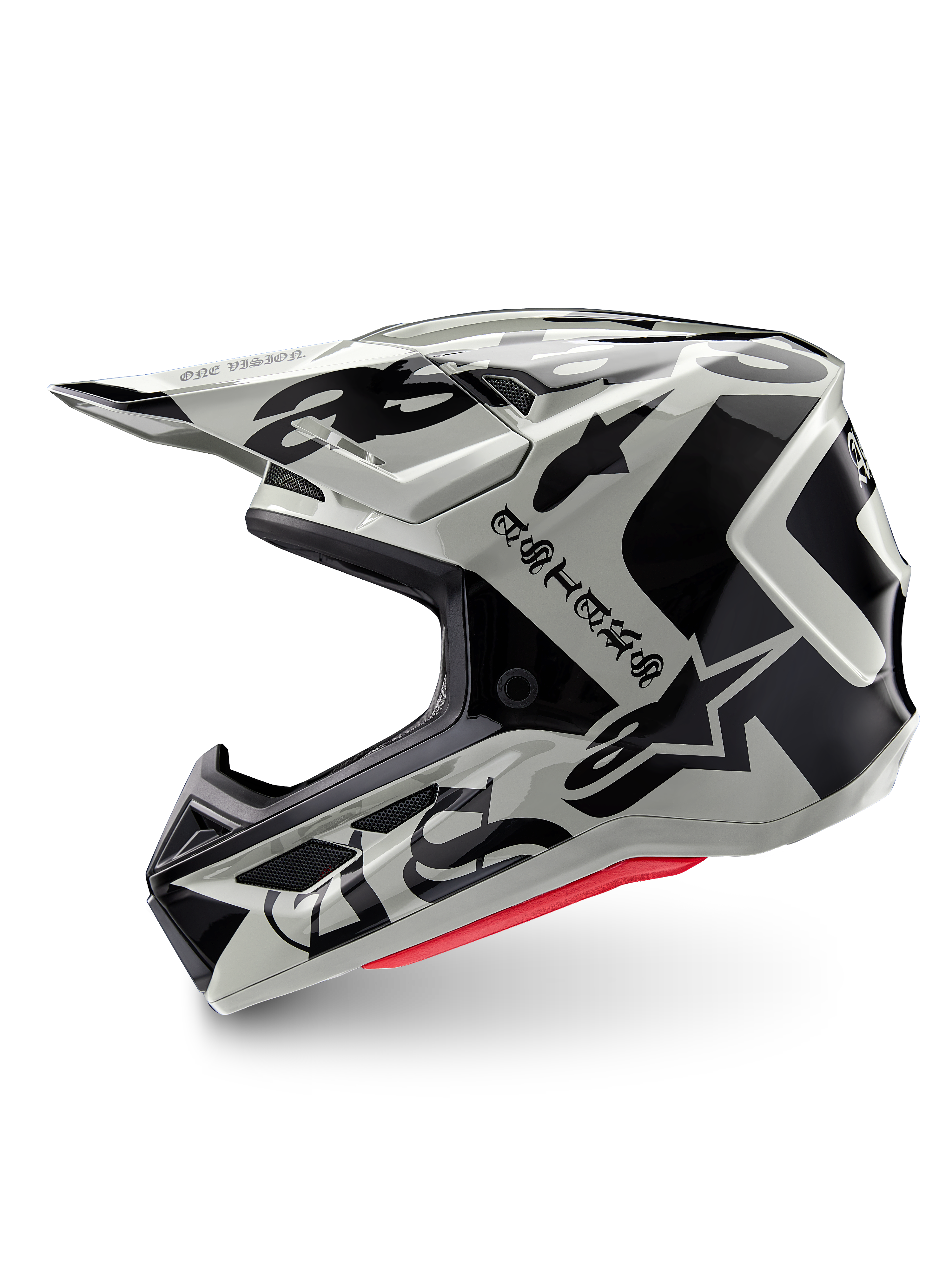 Alpinestars Limited Edition S-M7 Wolf Dust Helmet, Motocross Helmet, Dune Black Glossy, off-white shell with black gothic ASTARS branding and graphic patterns, red interior padding visible, aerodynamic profile for off-road racing