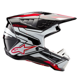 Alpinestars S-M5 Action 2 Helmet ECE, Motocross Helmet, Black White Bright Red Glossy, side profile view showing bold graphics and red star logo, sleek aerodynamic shell with multiple air vents, adjustable visor, high-performance gear for off-road racing