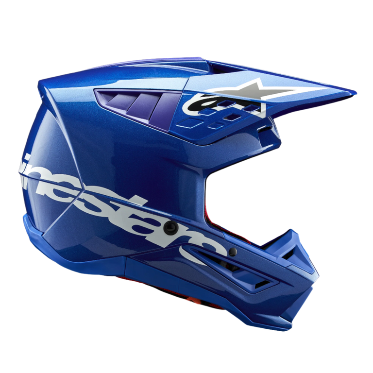 Alpinestars S-M5 Corp Helmet ECE, Motocross Helmet, Blue Glossy, side profile view featuring white branding and star logo, glossy finish with integrated ventilation ports and aerodynamic visor