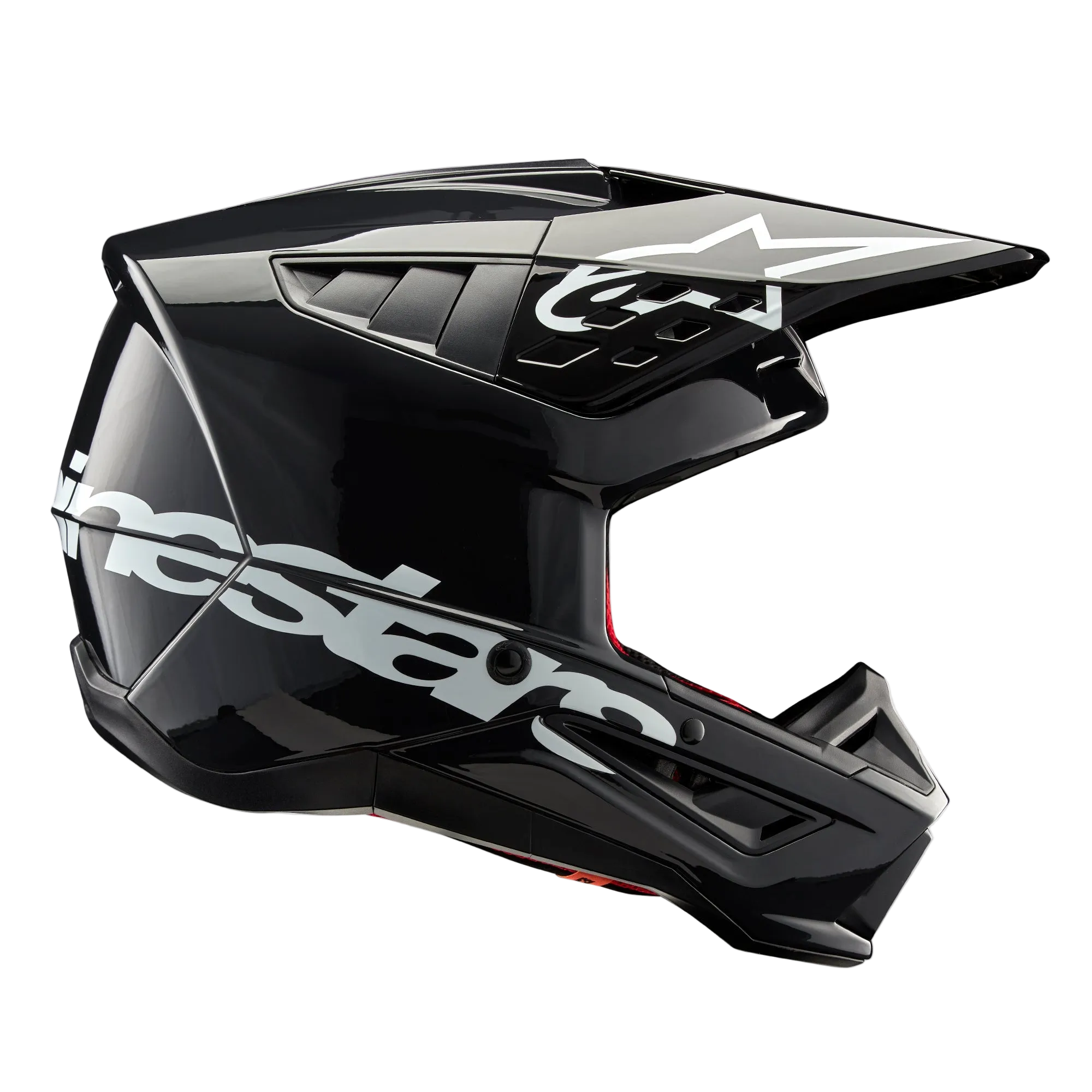 Alpinestars S-M5 Corp Helmet, Motocross Helmet, Dark Gray Glossy, side profile view with large white Alpinestars logo, white star logo on the visor, sleek aerodynamic vents, glossy finish, off-road racing protection