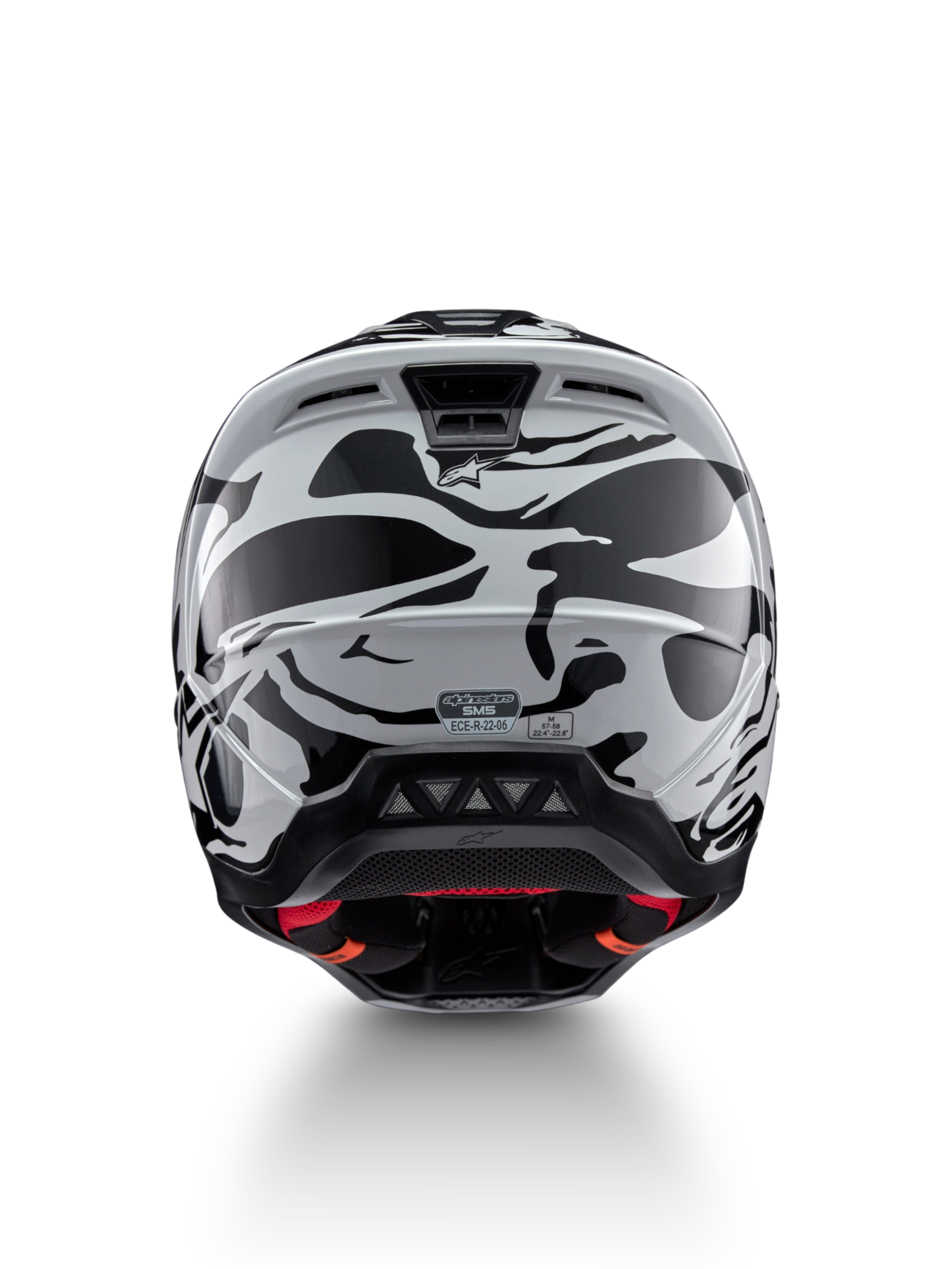 Alpinestars S-M5 Mineral Motocross Helmet, Cool Gray and Dark Gray, ECE 22.06 certified, rear view with ventilation ports.