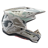 Alpinestars S-M5 Mineral Helmet ECE, Motocross Helmet, Warm Gray and Celadon Green Glossy, featuring a camouflage-style mineral graphic, side profile showing the aerodynamic visor and ventilation ports, glossy finish for off-road racing